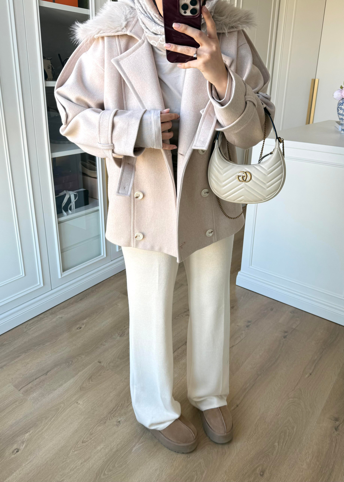 Premium Yakası Kürklü Kısa Kaban Taş