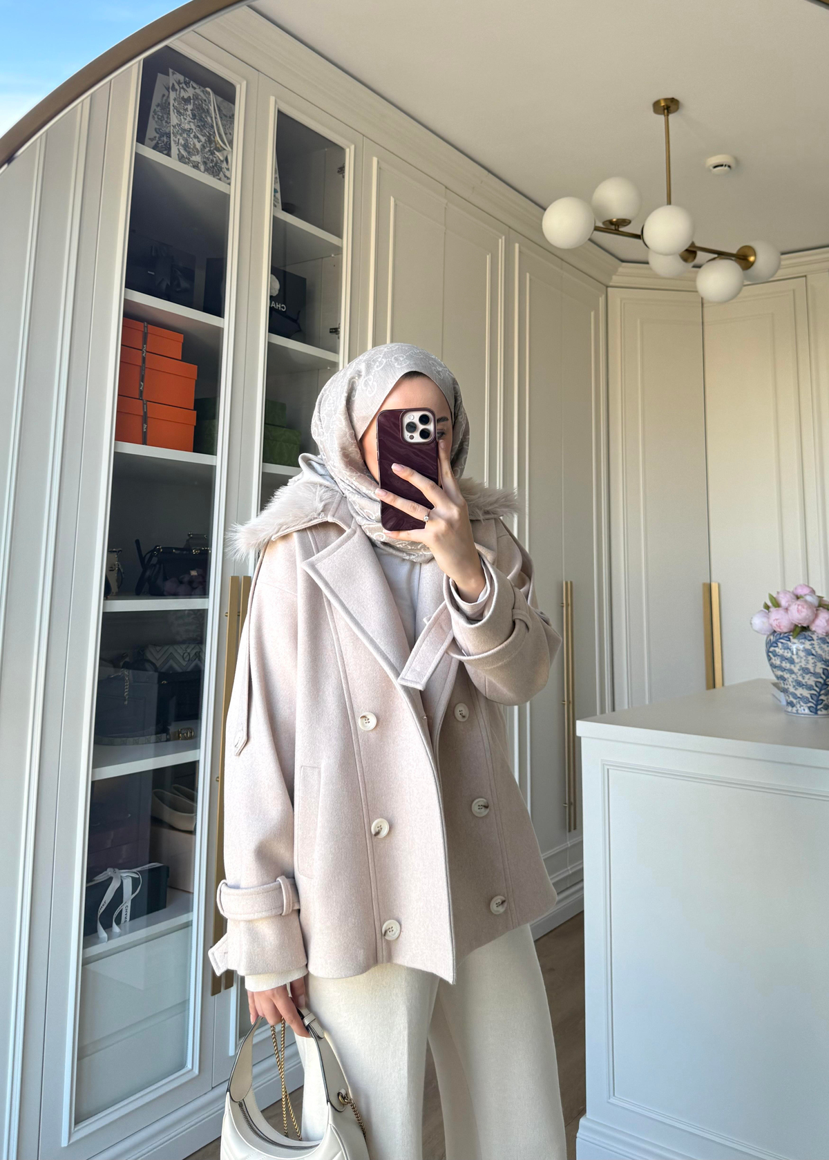 Premium Yakası Kürklü Kısa Kaban Taş