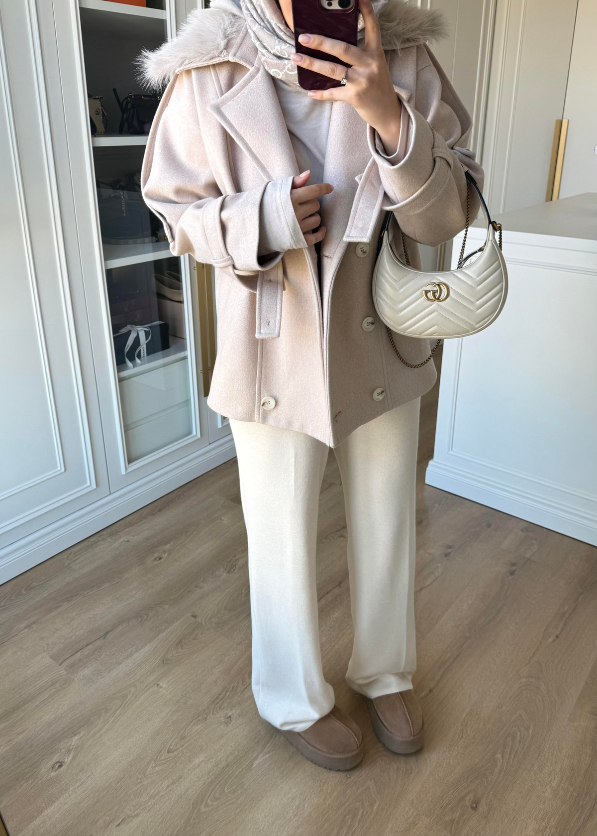 Premium Yakası Kürklü Kısa Kaban Taş