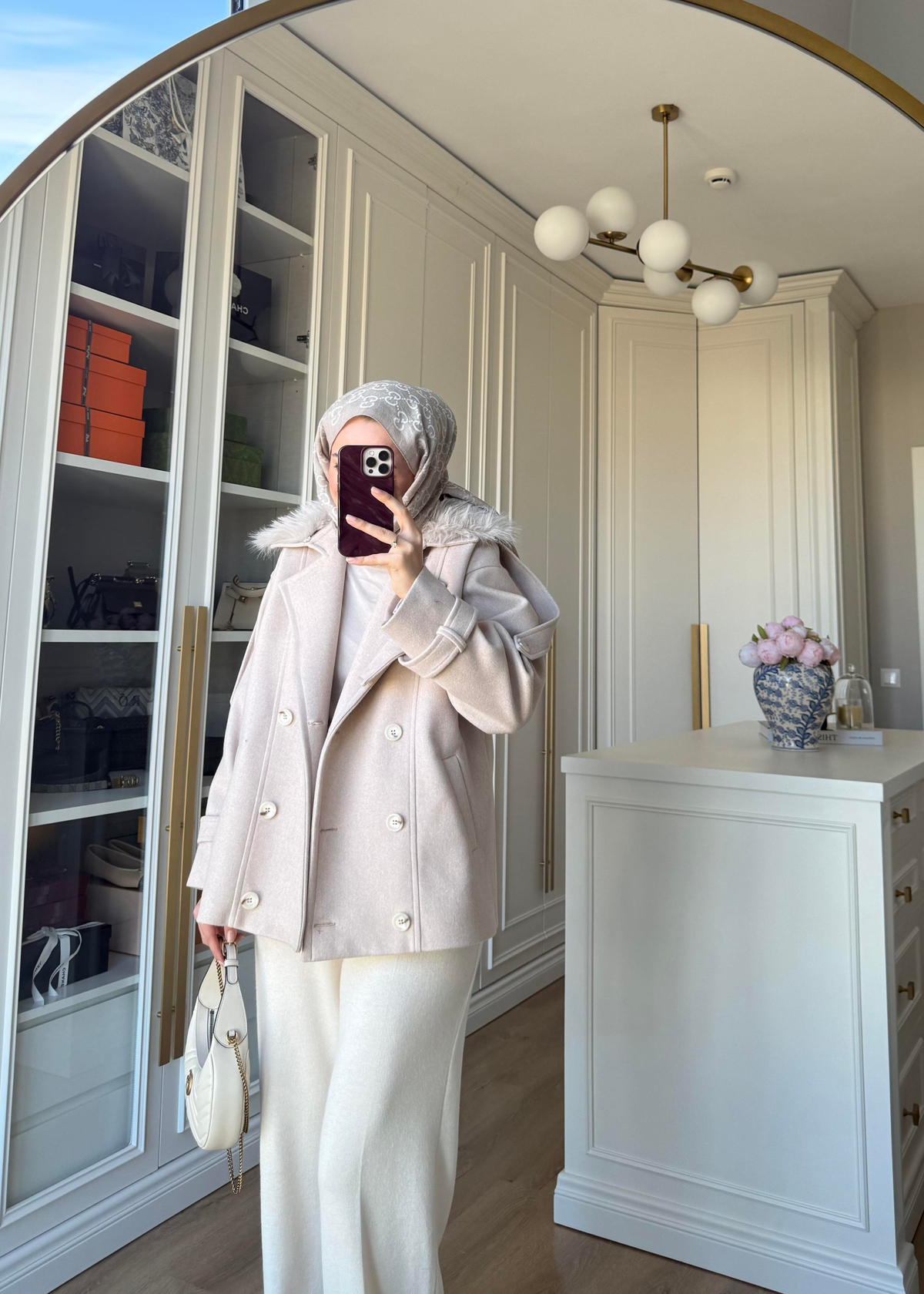 Premium Yakası Kürklü Kısa Kaban Taş