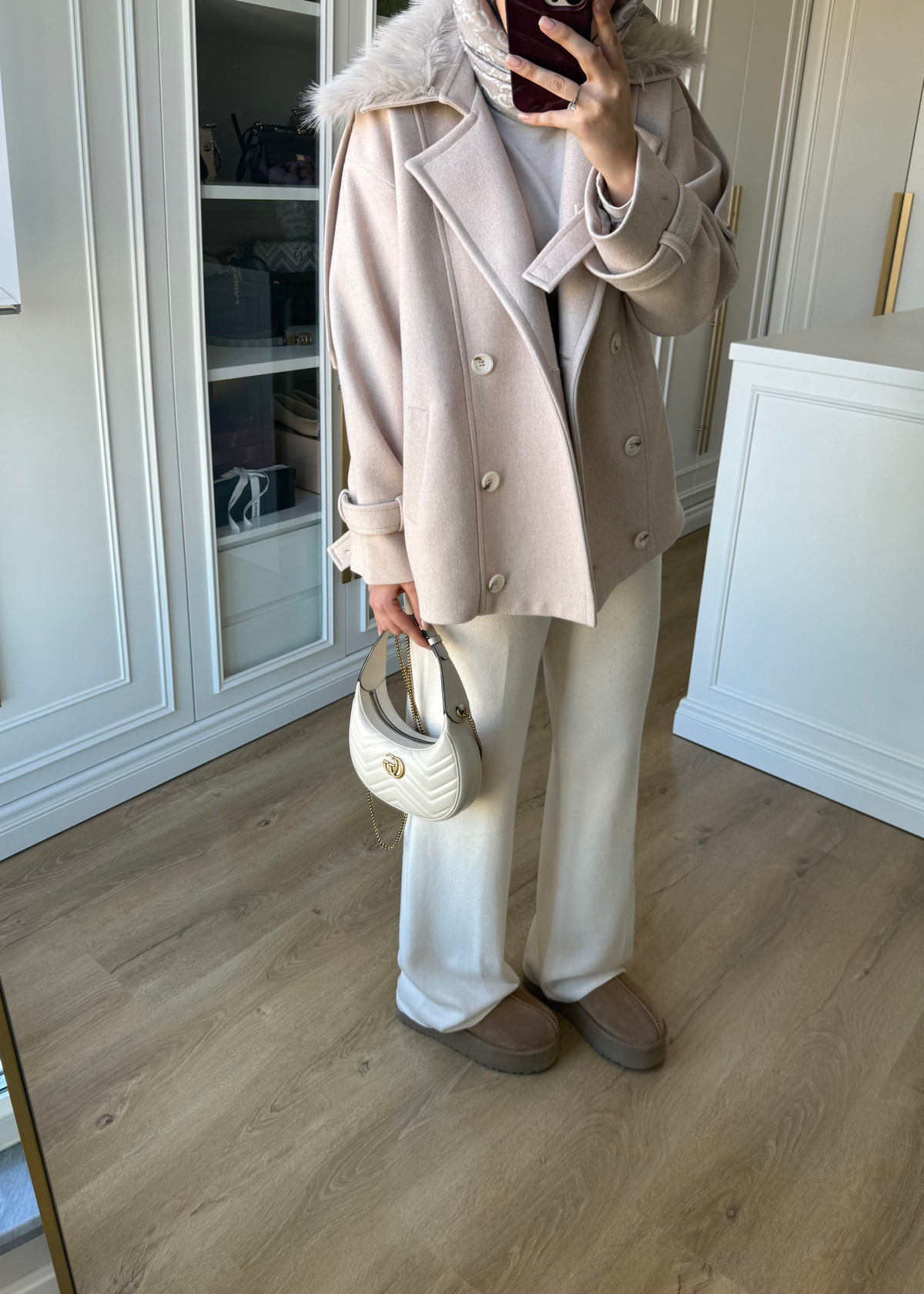 Premium Yakası Kürklü Kısa Kaban Taş