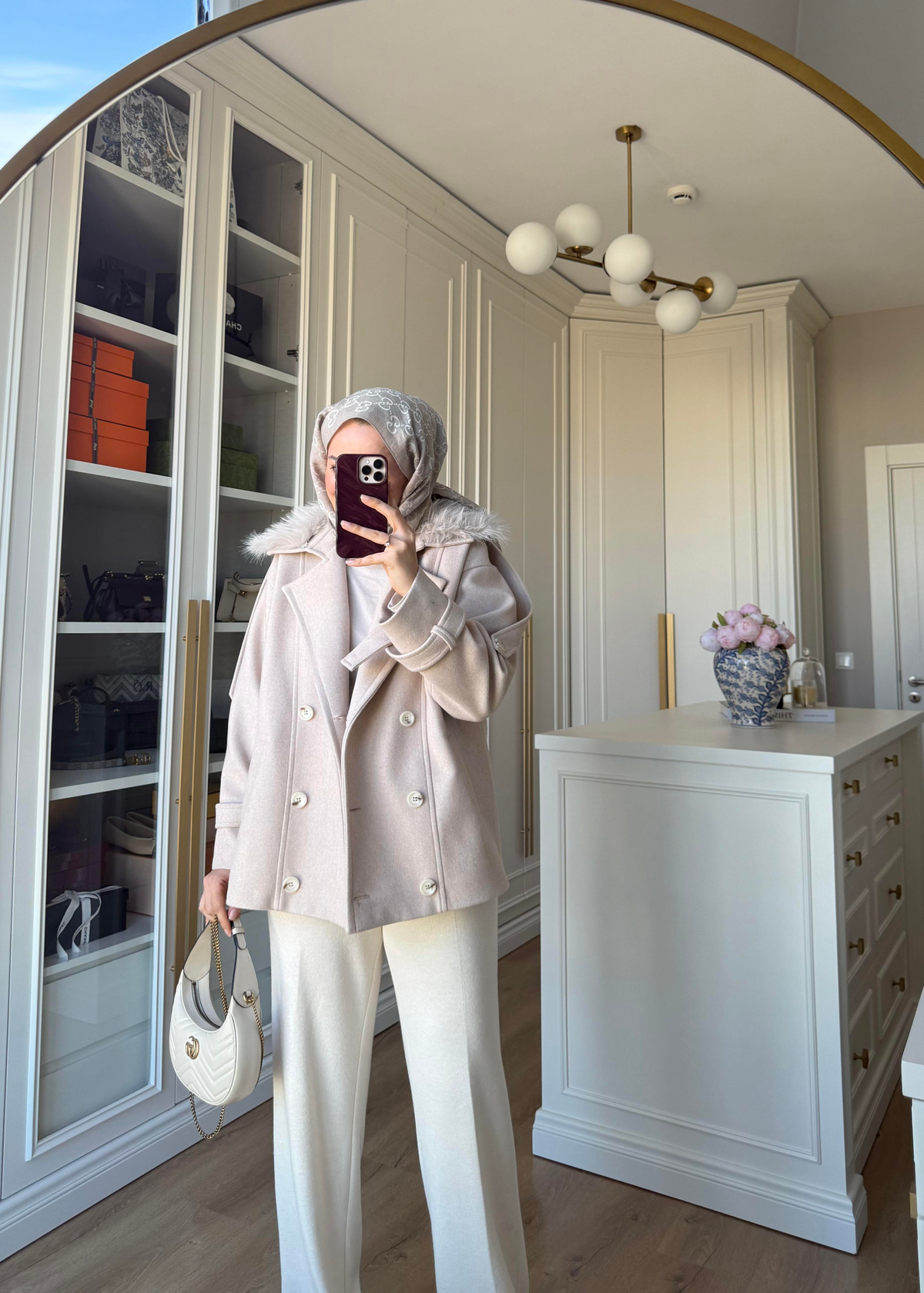 Premium Yakası Kürklü Kısa Kaban Taş