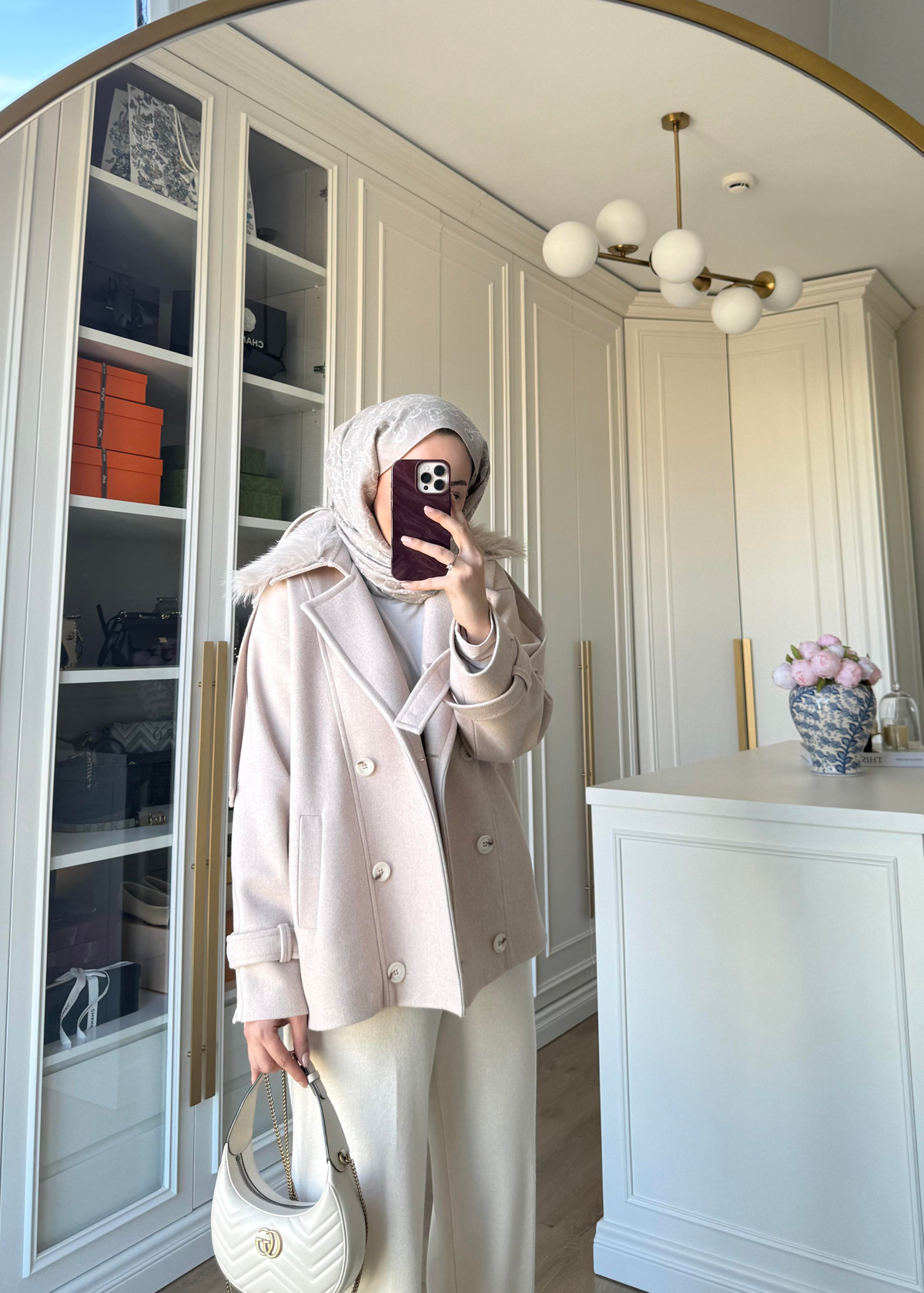 Premium Yakası Kürklü Kısa Kaban Taş