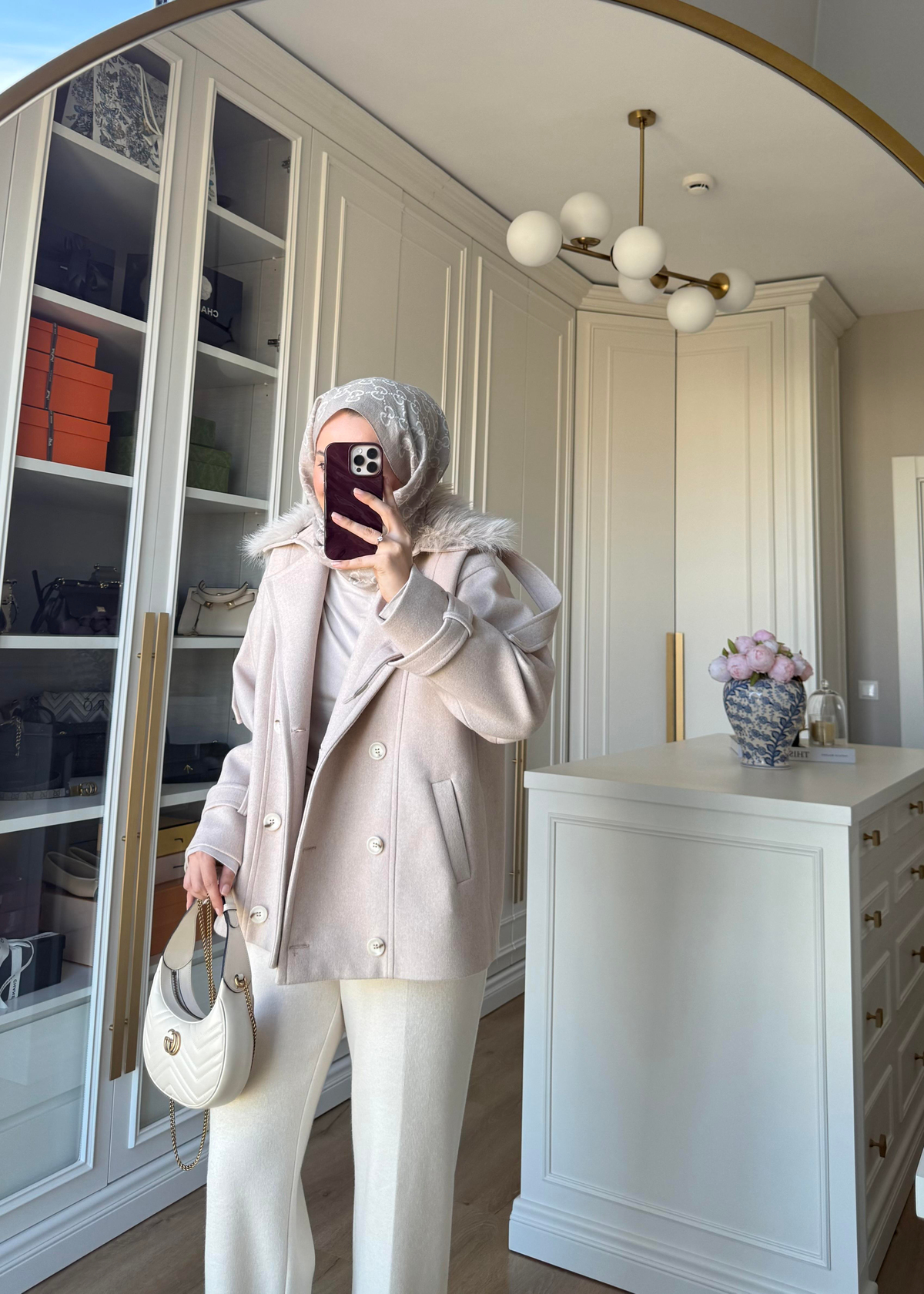 Premium Yakası Kürklü Kısa Kaban Taş