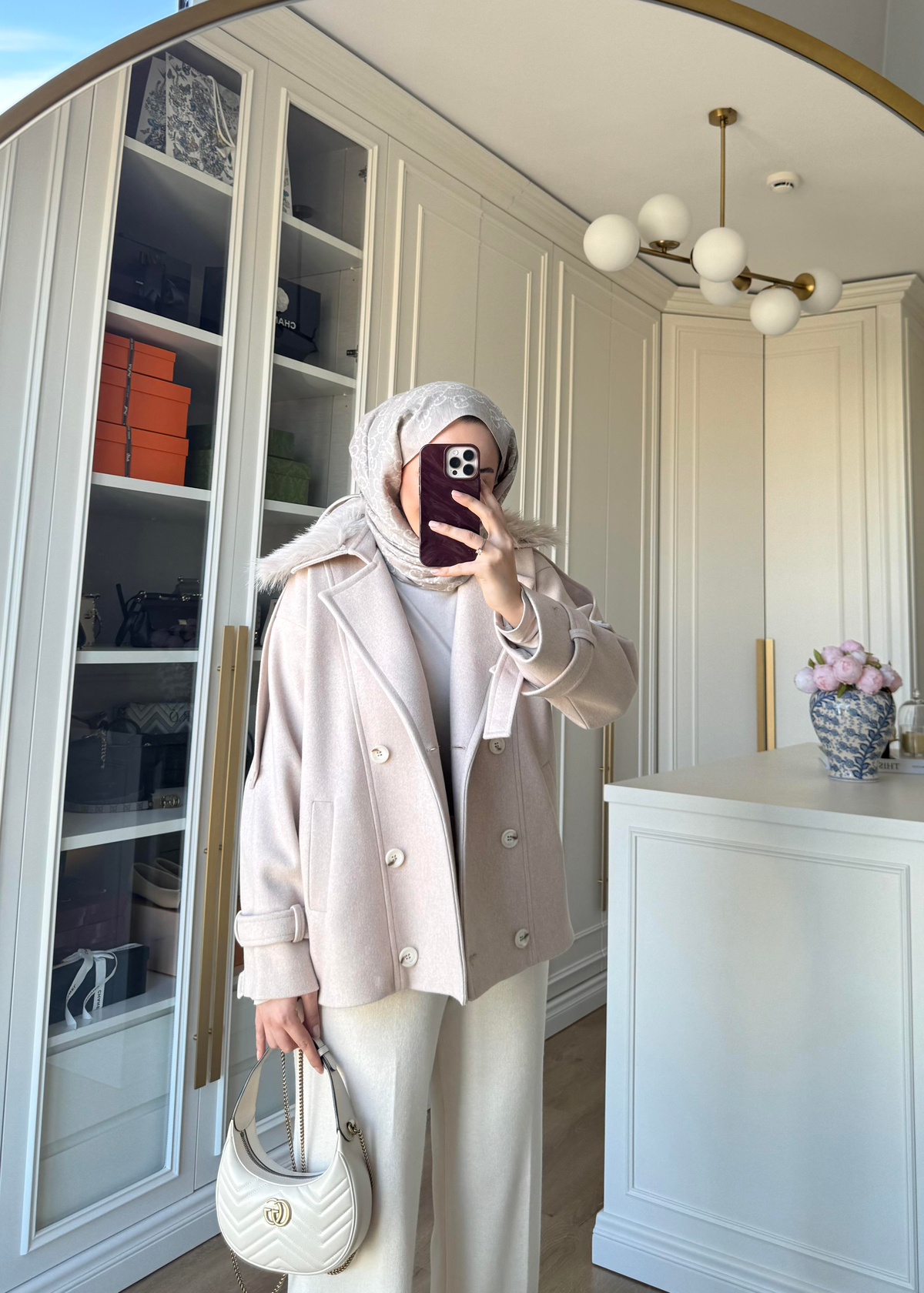 Premium Yakası Kürklü Kısa Kaban Taş