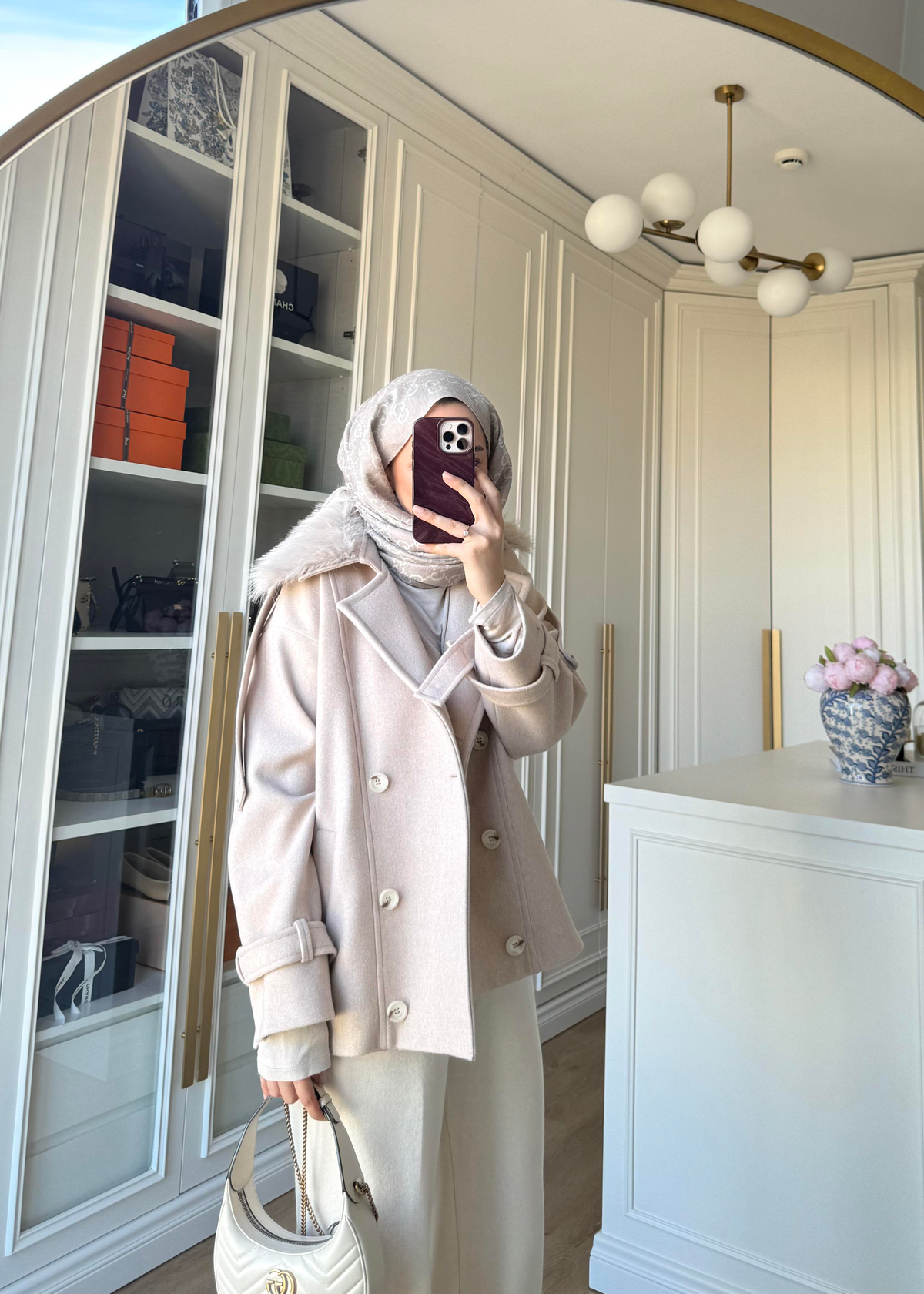 Premium Yakası Kürklü Kısa Kaban Taş