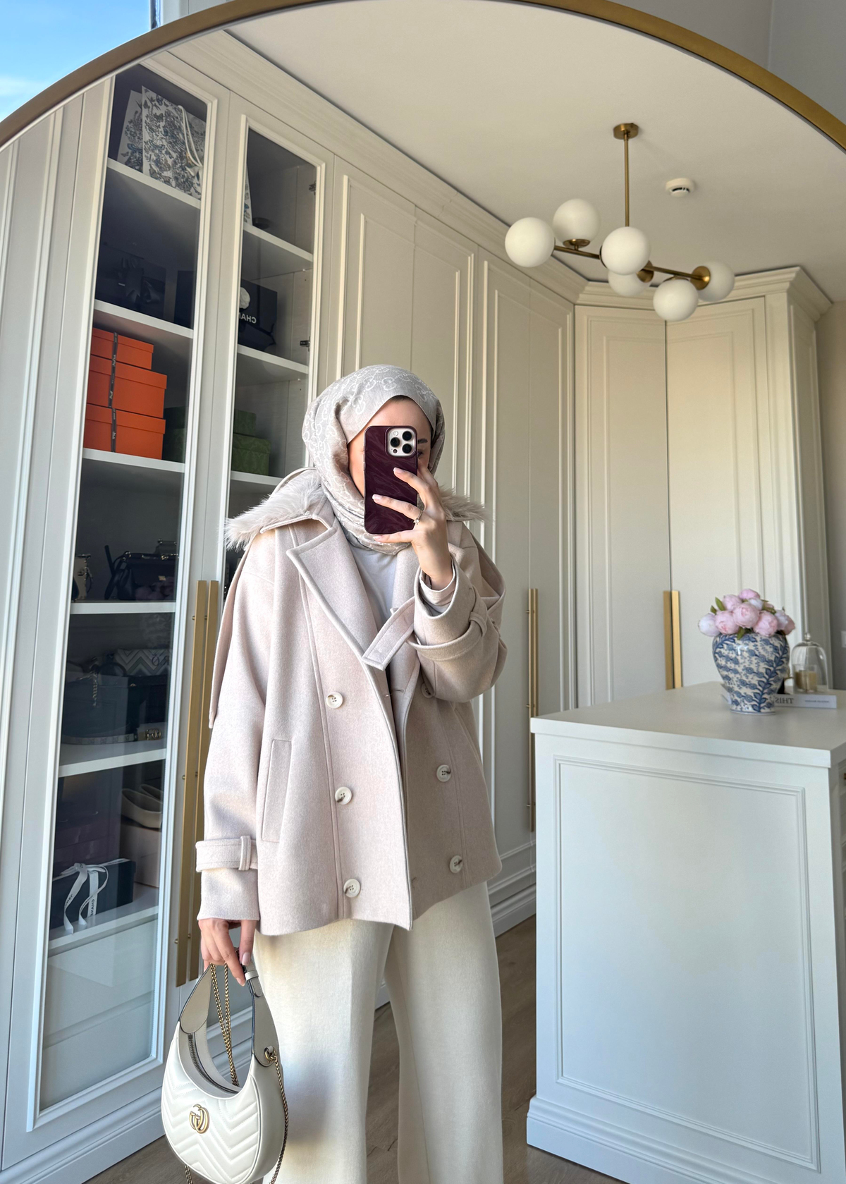 Premium Yakası Kürklü Kısa Kaban Taş