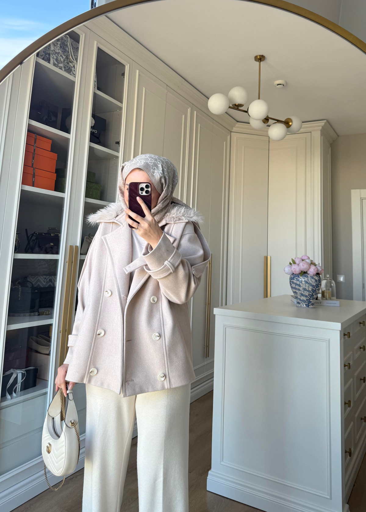 Premium Yakası Kürklü Kısa Kaban Taş