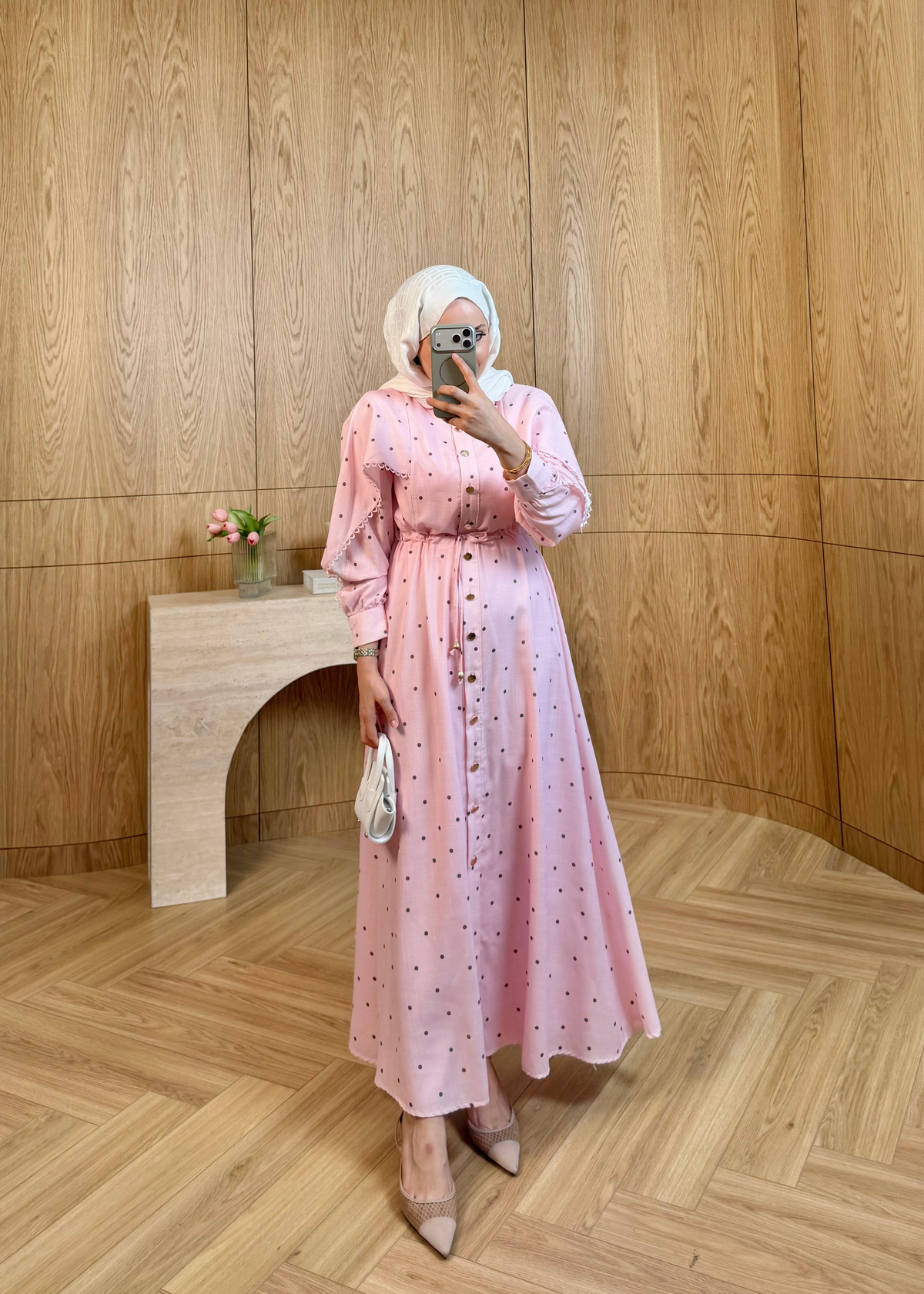 Puantiyeli Keten Elbise Pembe