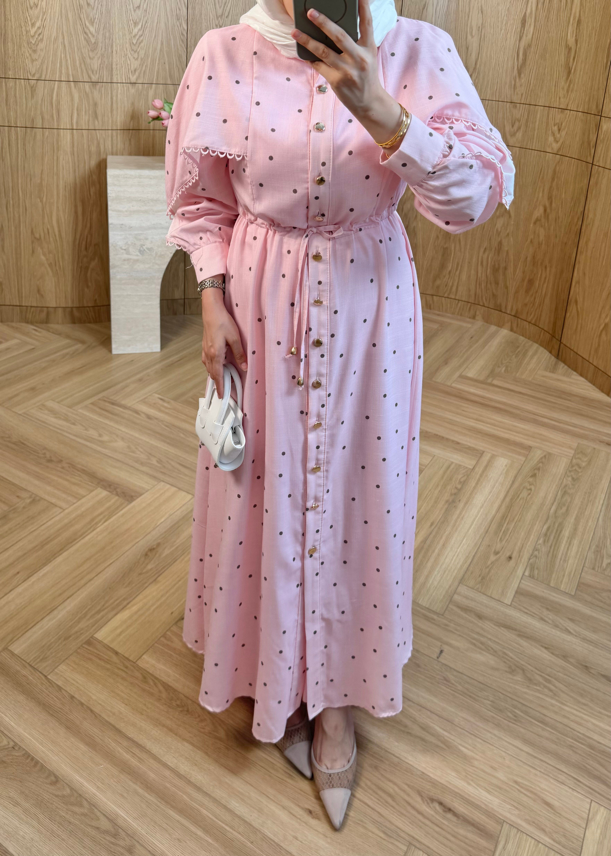 Puantiyeli Keten Elbise Pembe