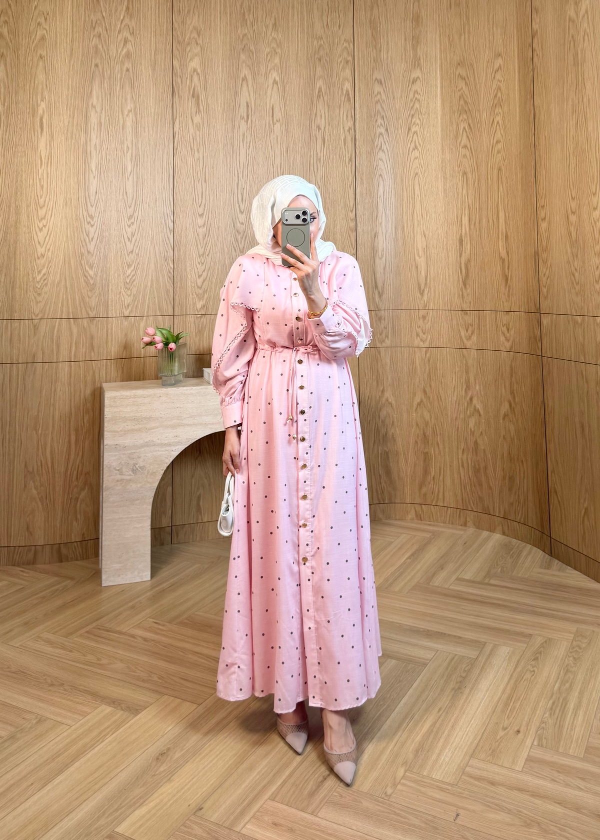 Puantiyeli Keten Elbise Pembe
