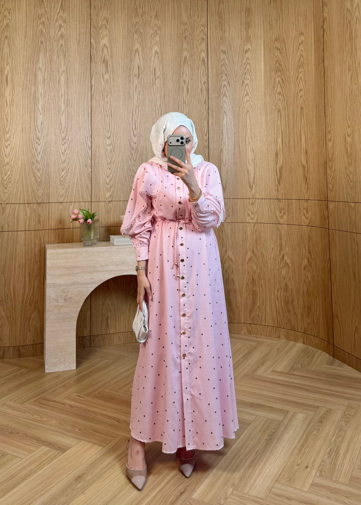 Puantiyeli Keten Elbise Pembe