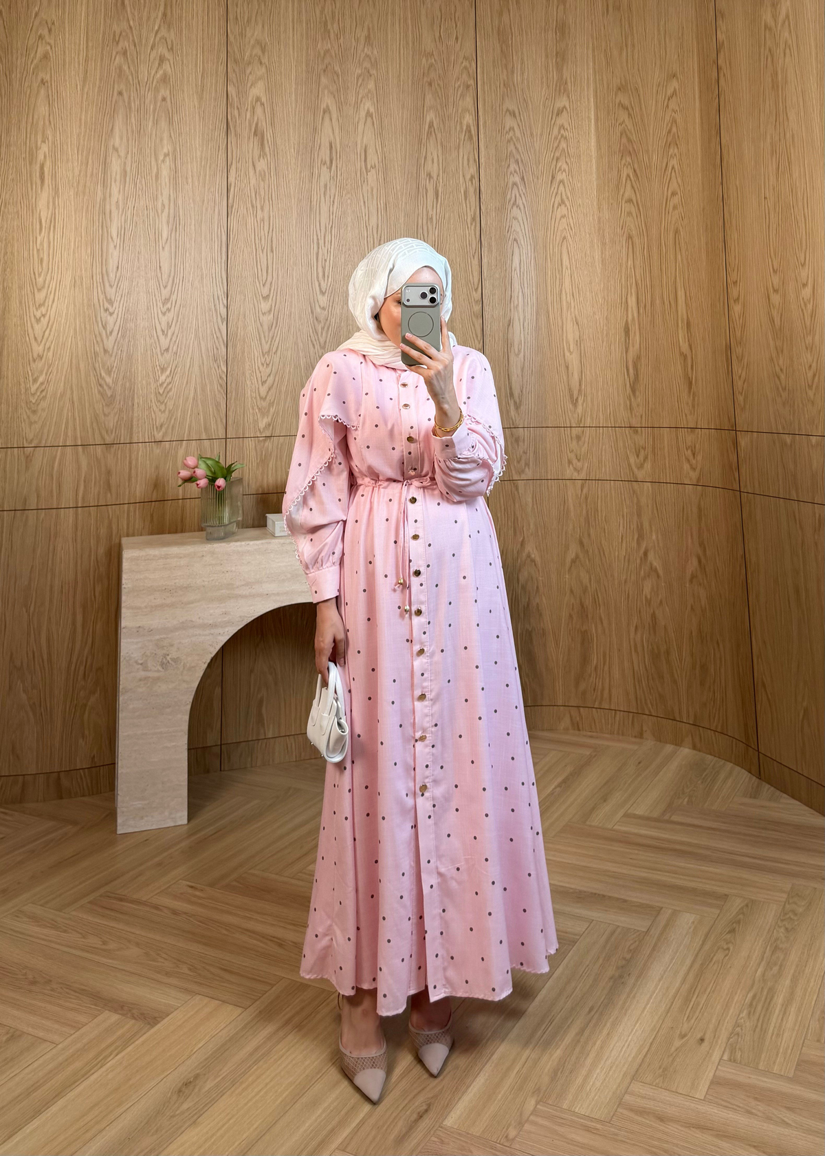 Puantiyeli Keten Elbise Pembe