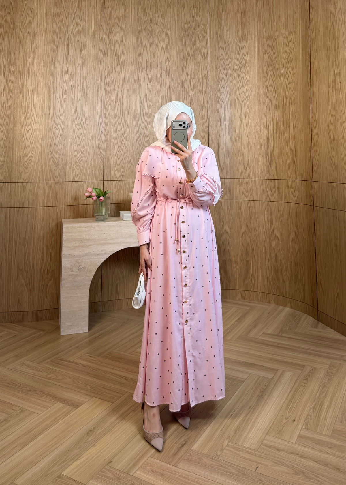 Puantiyeli Keten Elbise Pembe
