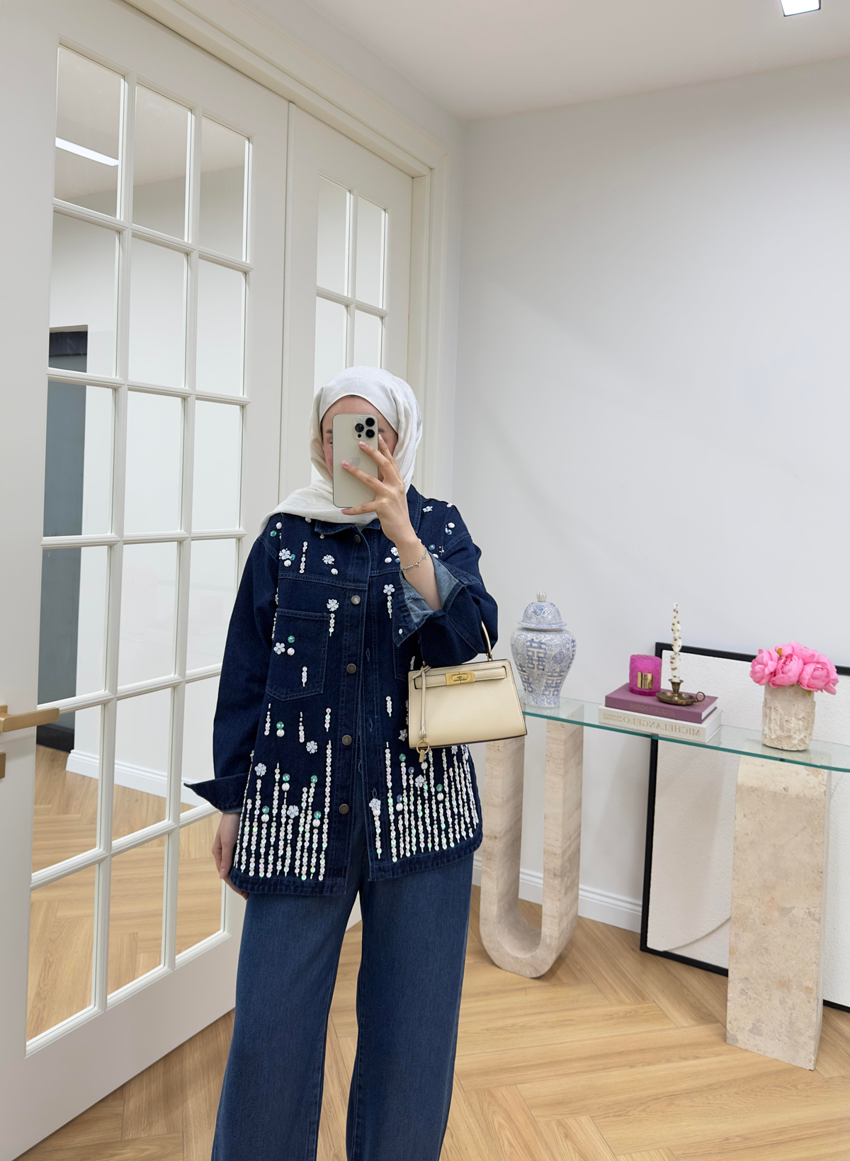 Pul Nakışlı Denim Ceket Koyu Mavi