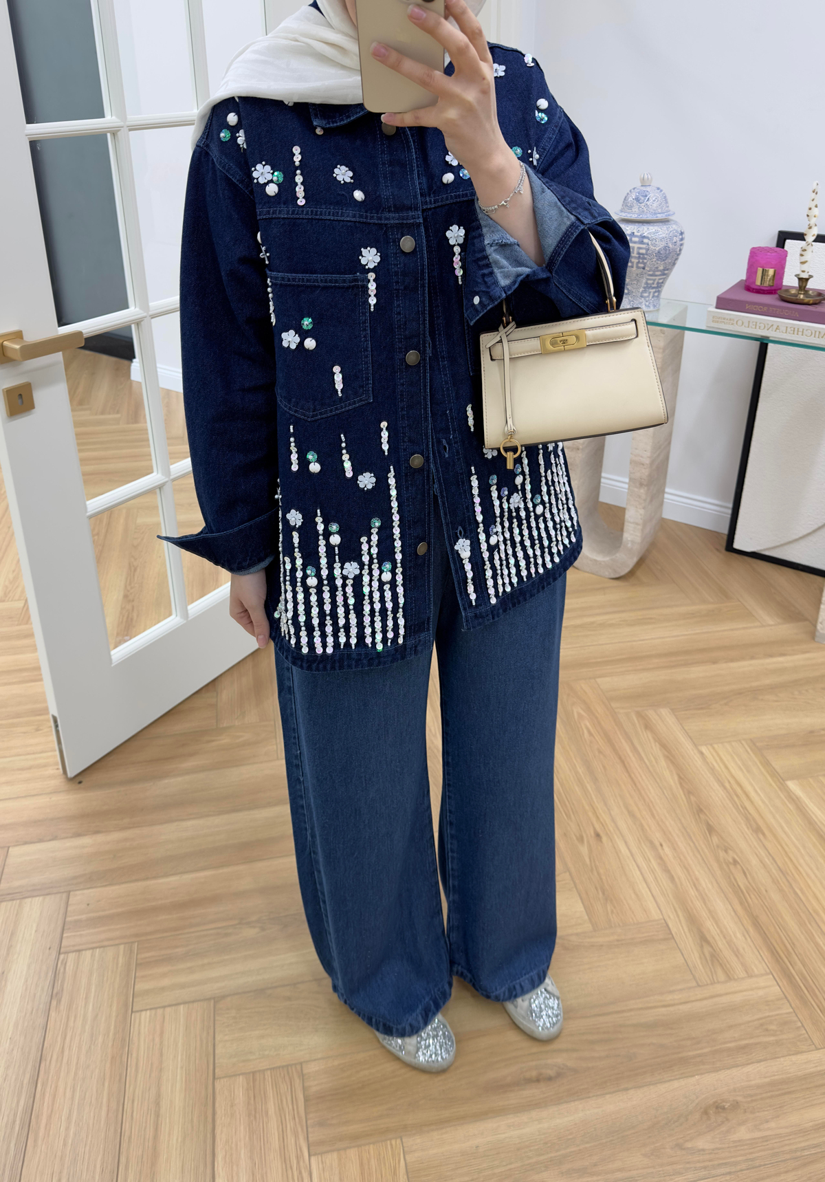 Pul Nakışlı Denim Ceket Koyu Mavi
