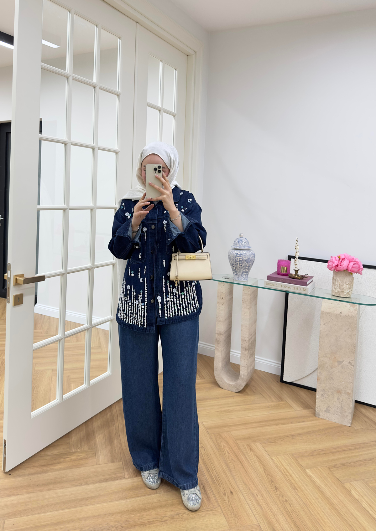 Pul Nakışlı Denim Ceket Koyu Mavi
