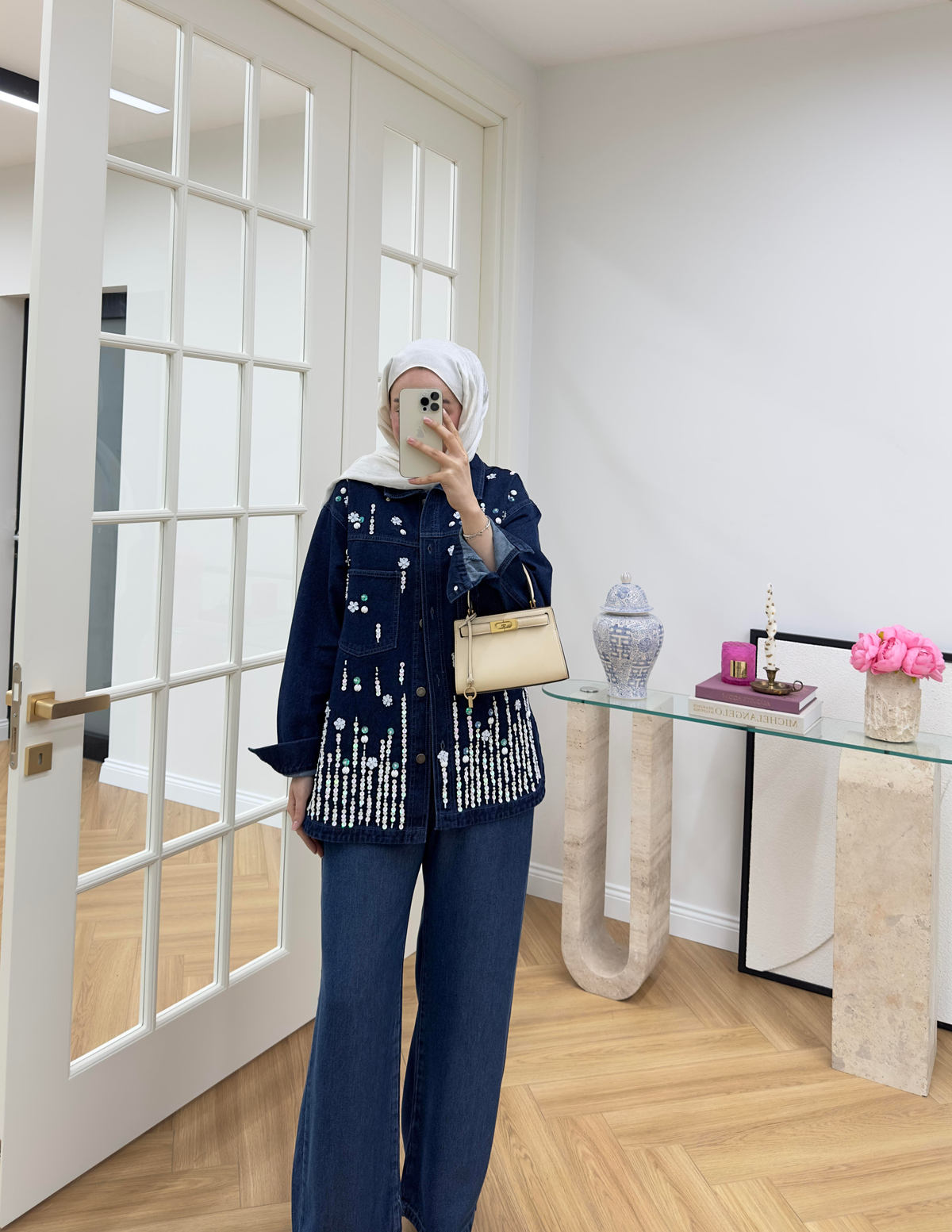 Pul Nakışlı Denim Ceket Koyu Mavi