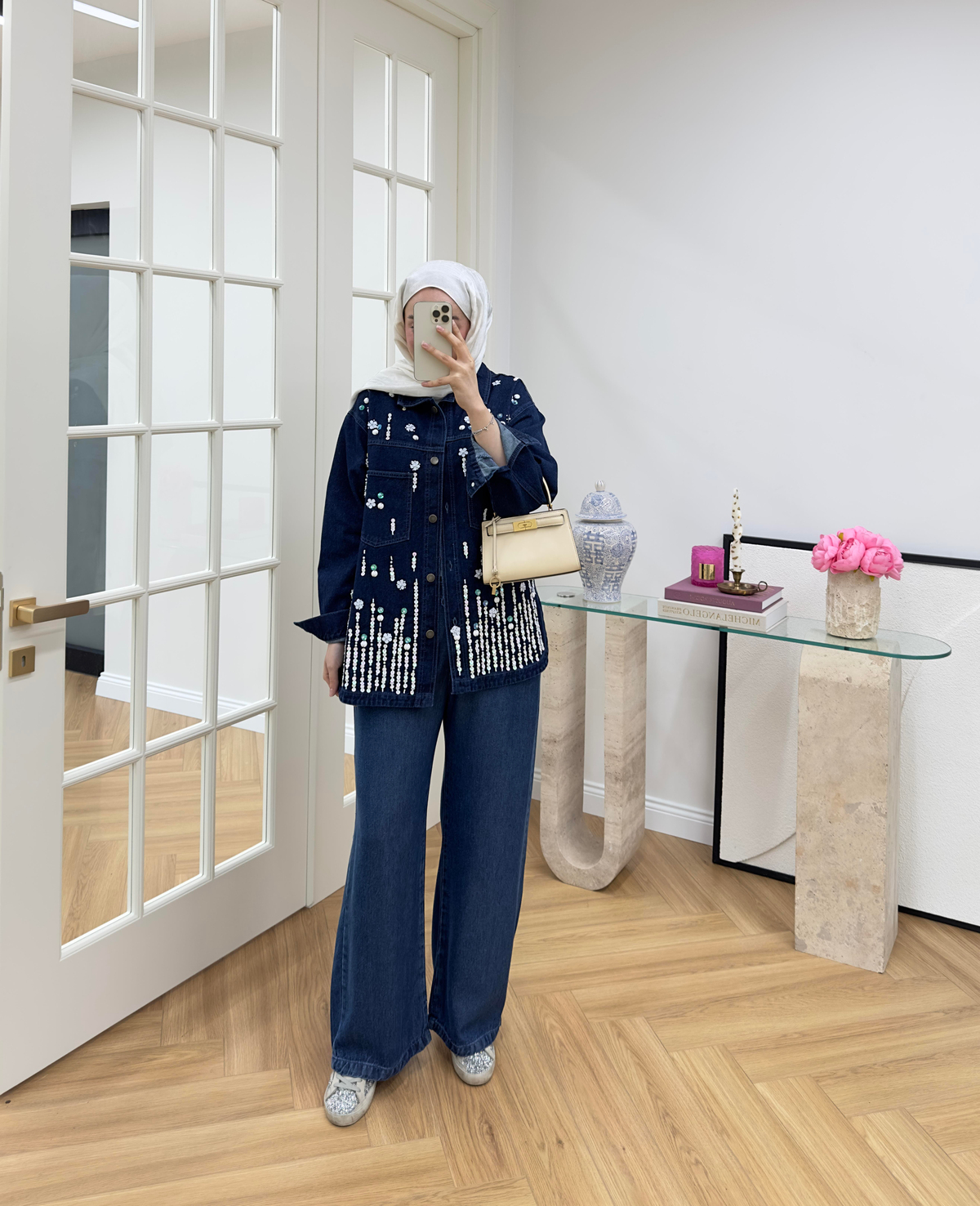 Pul Nakışlı Denim Ceket Koyu Mavi