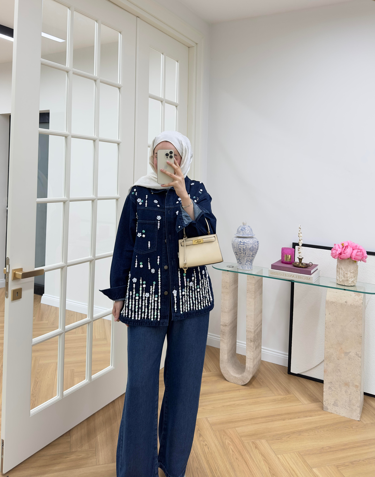 Pul Nakışlı Denim Ceket Koyu Mavi