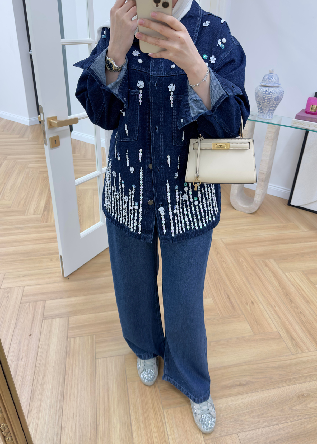 Pul Nakışlı Denim Ceket Koyu Mavi