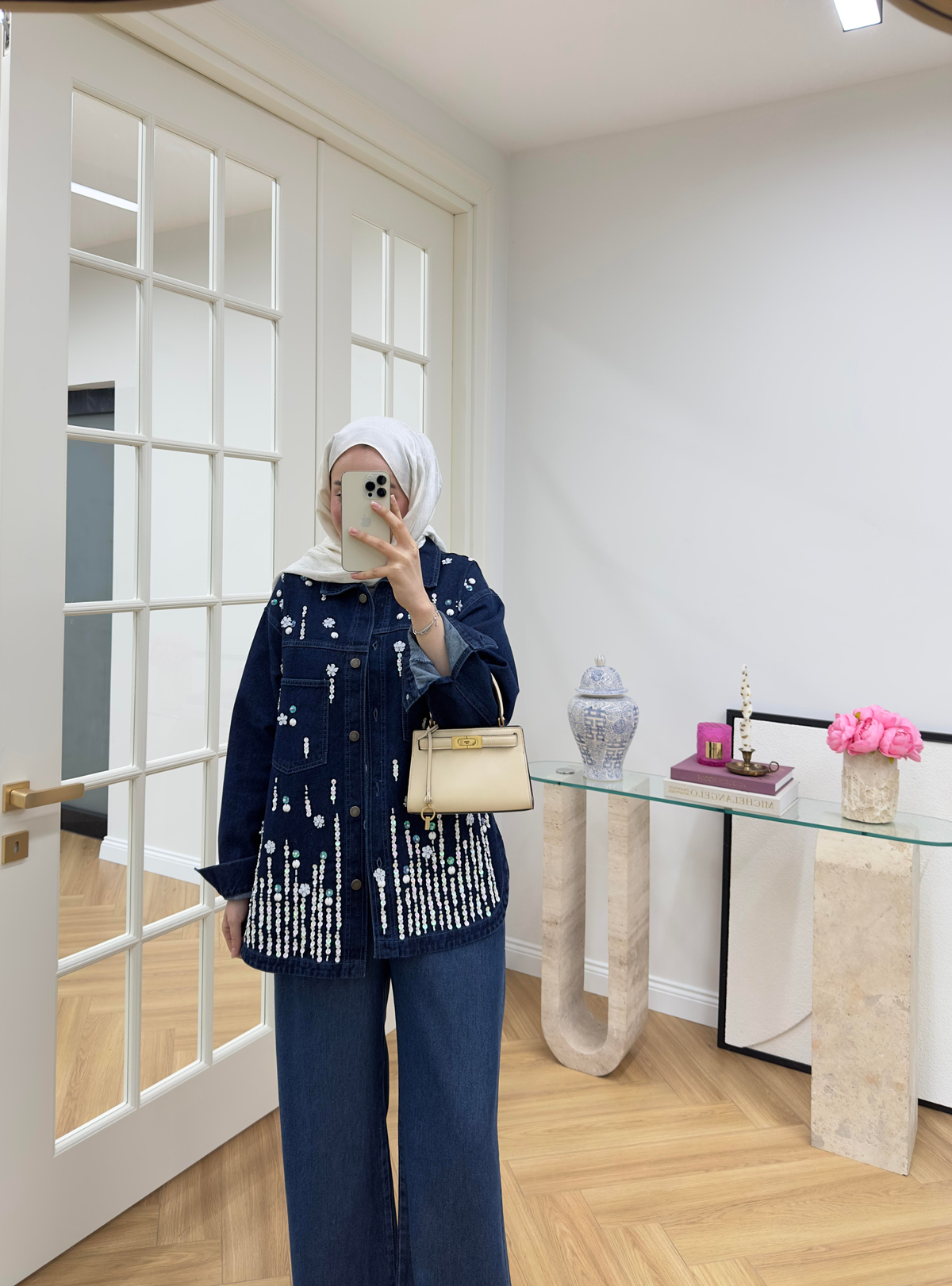 Pul Nakışlı Denim Ceket Koyu Mavi