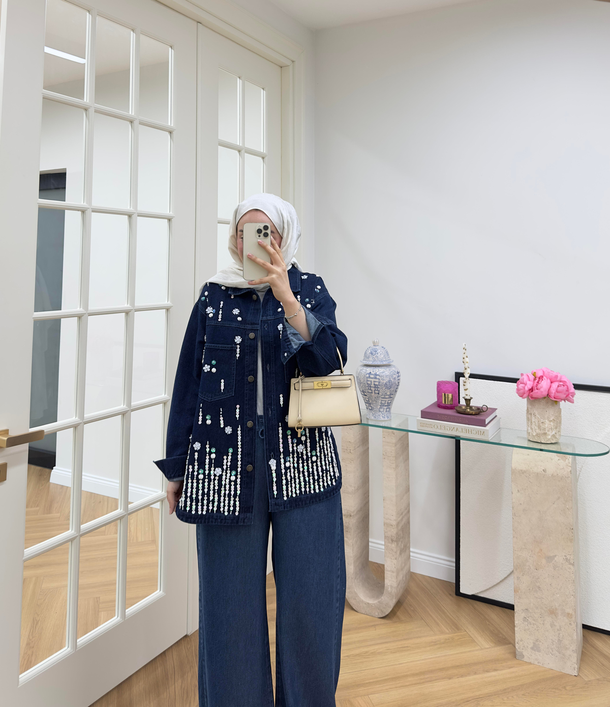 Pul Nakışlı Denim Ceket Koyu Mavi