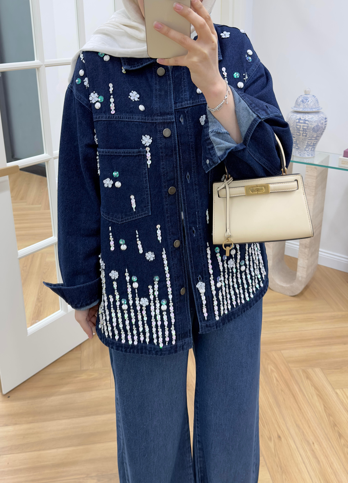 Pul Nakışlı Denim Ceket Koyu Mavi