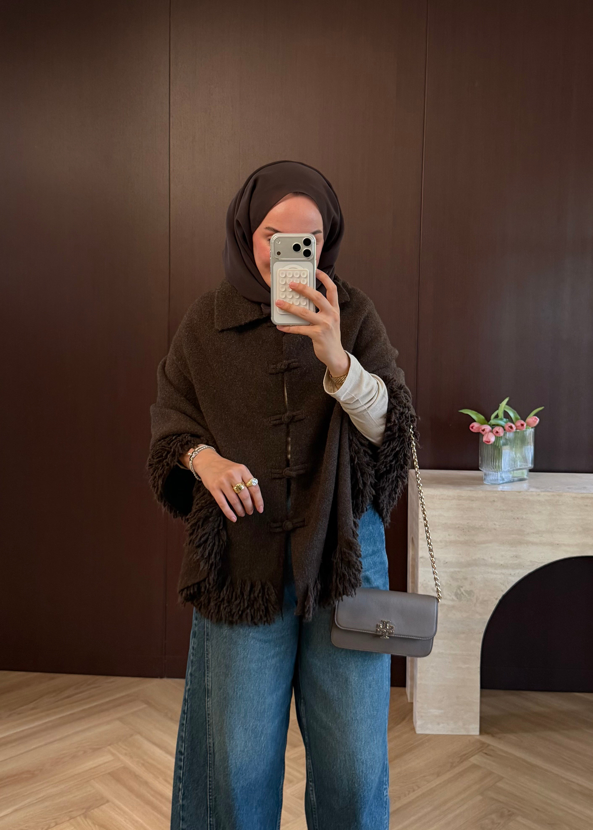 Püskül Detaylı Panço Kahverengi