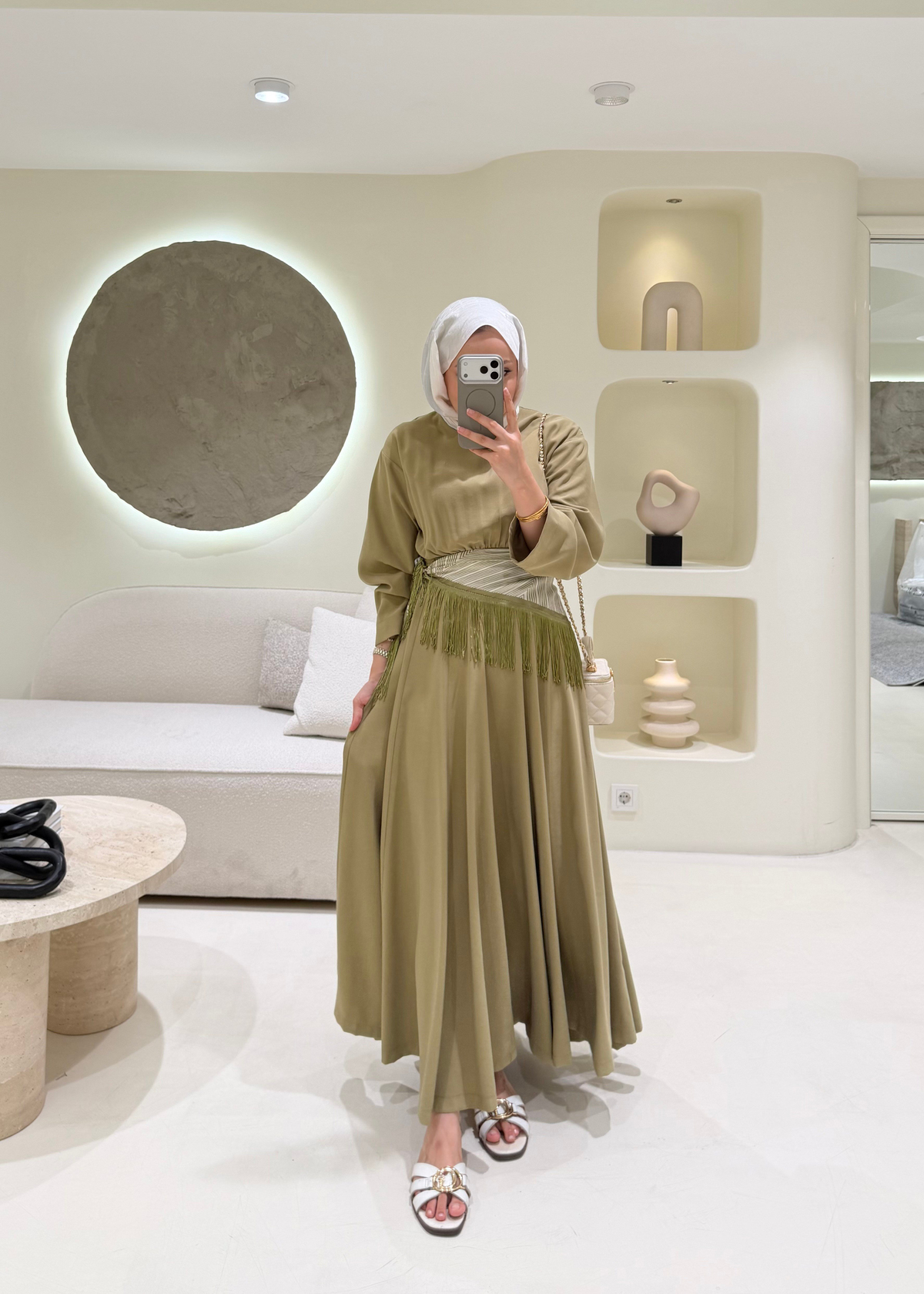 Püskül Şallı Tensel Elbise Olive