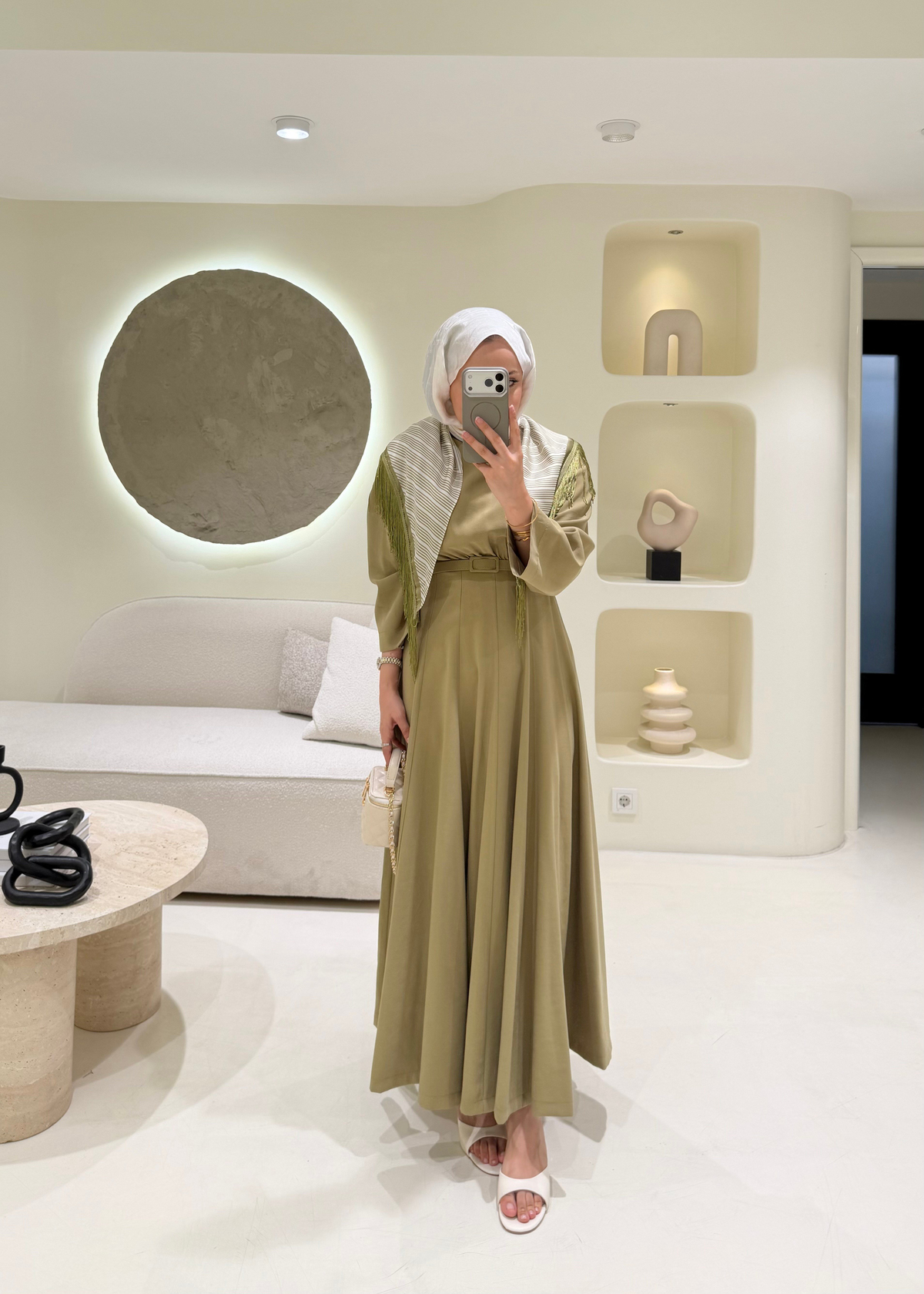 Püskül Şallı Tensel Elbise Olive