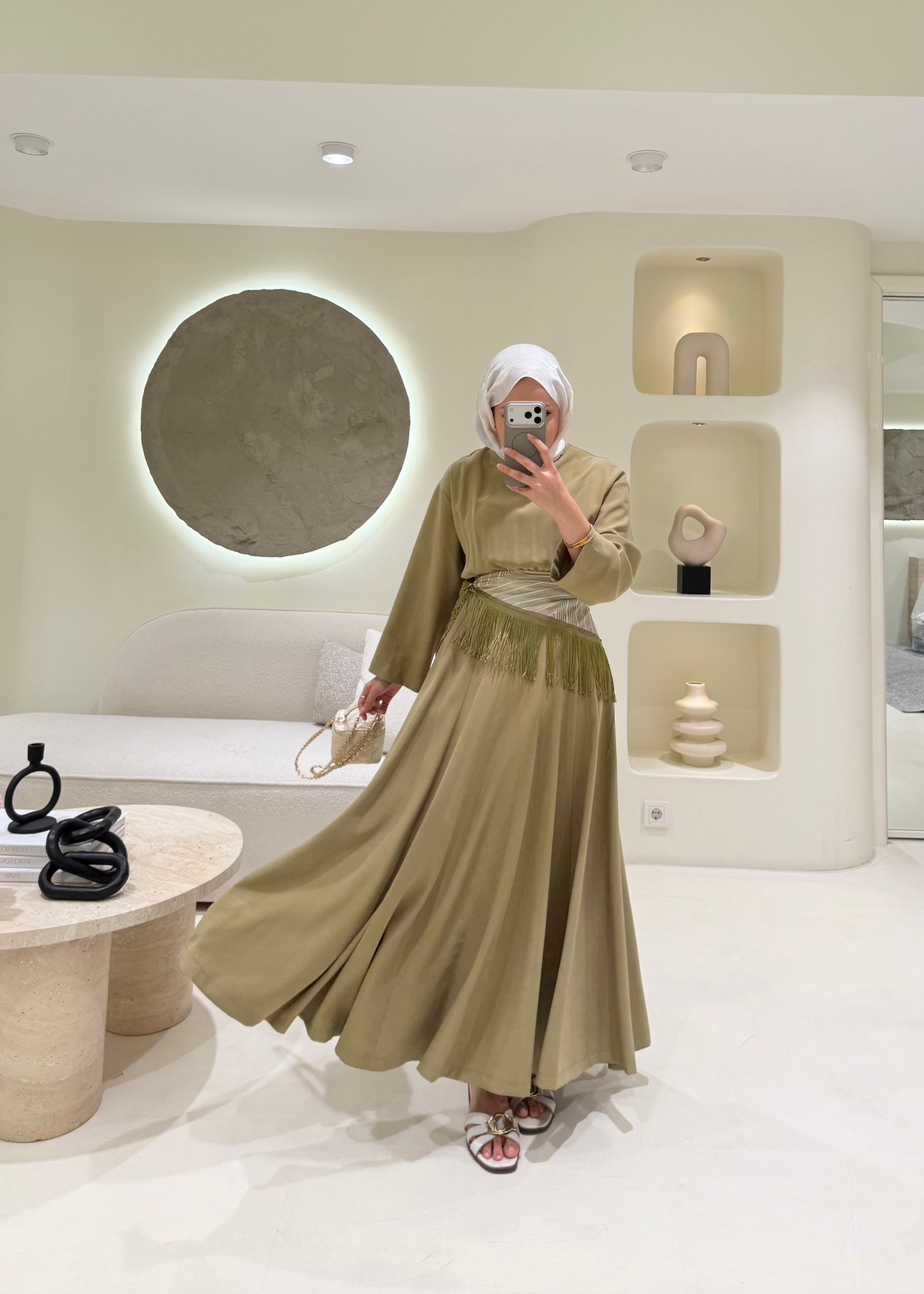 Püskül Şallı Tensel Elbise Olive