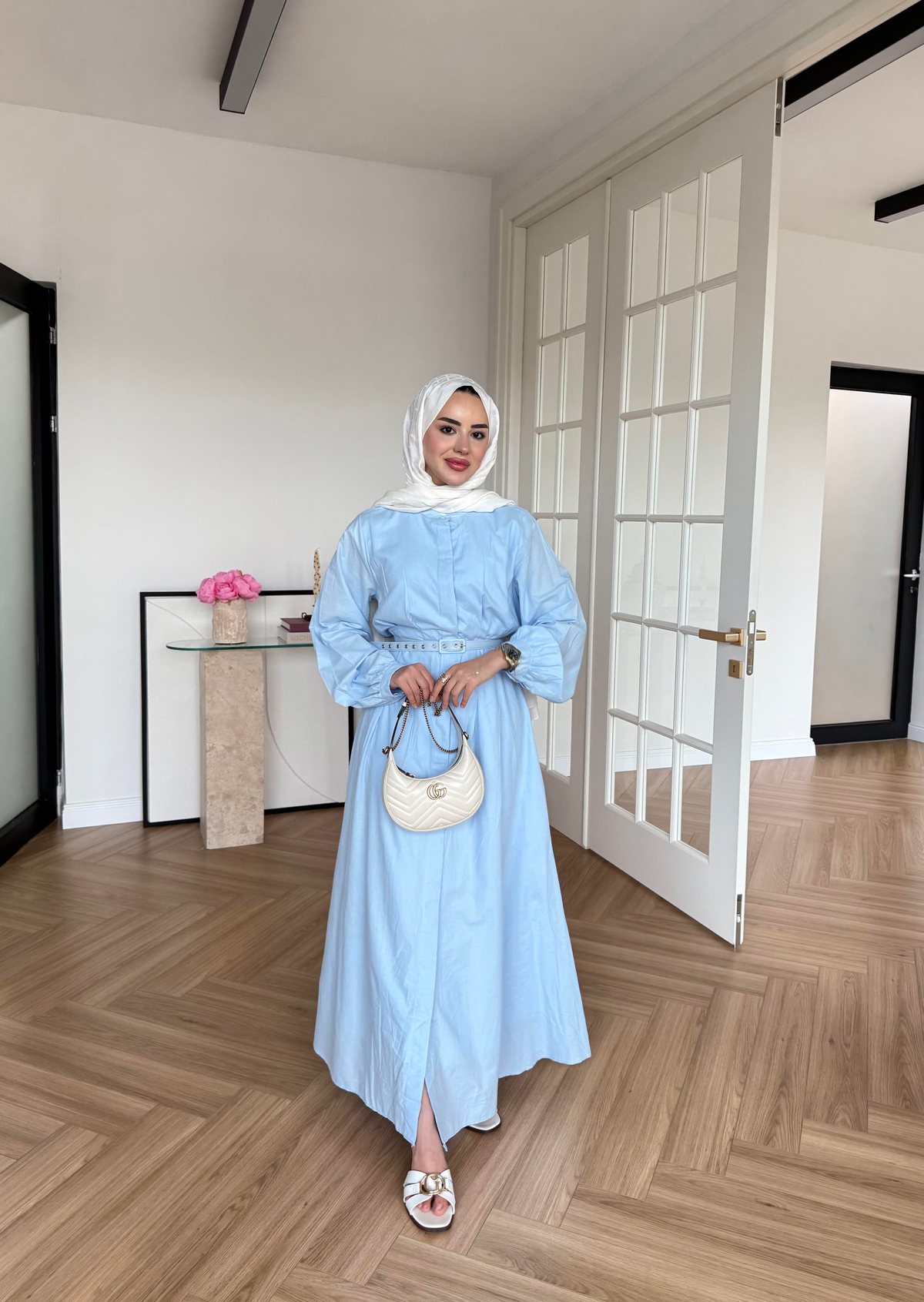 Sage Belden Oturtmalı Elbise Mavi