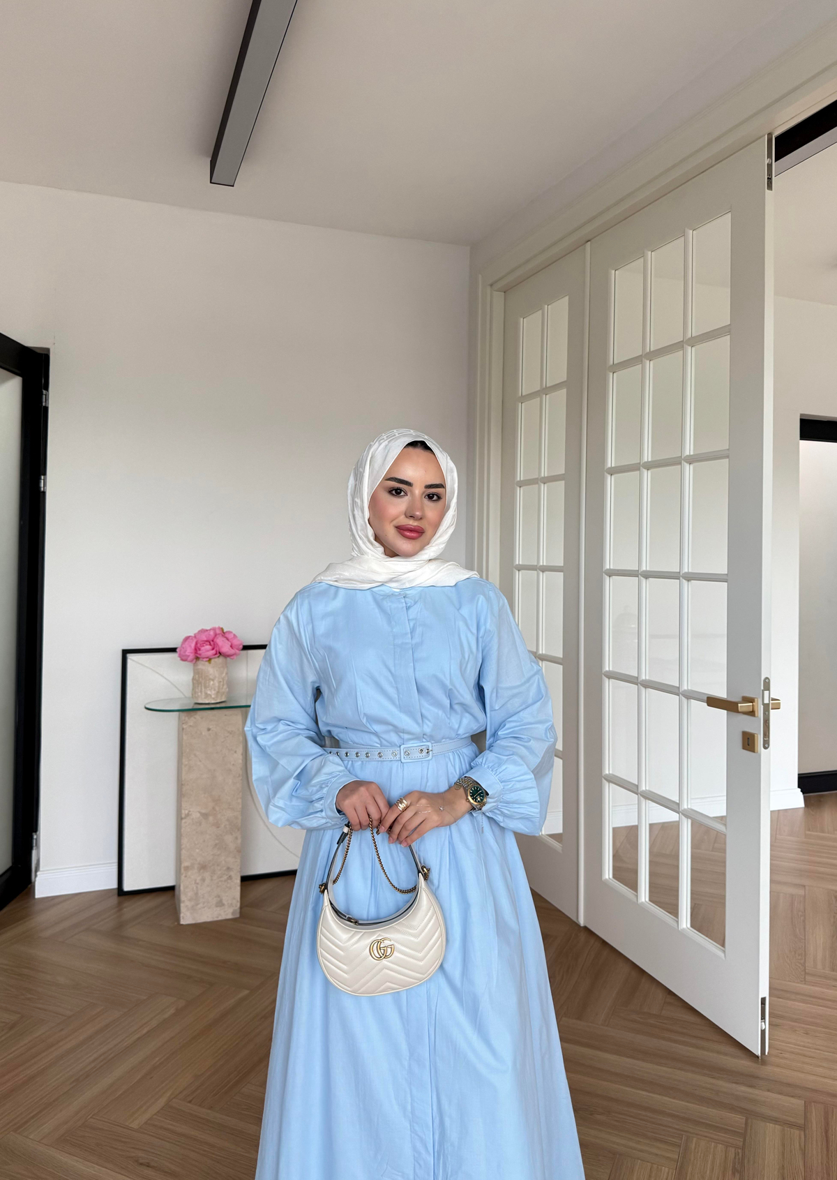 Sage Belden Oturtmalı Elbise Mavi