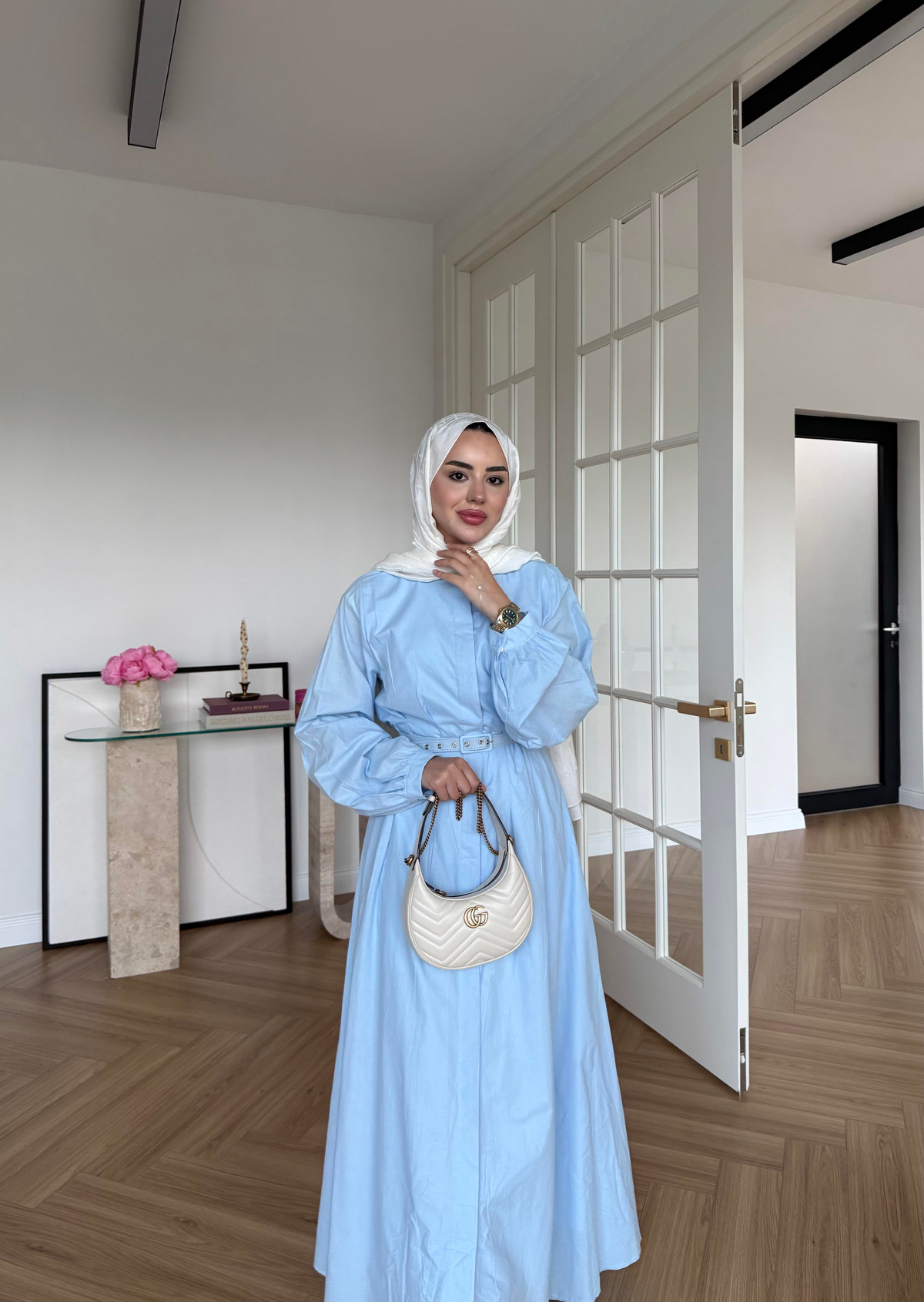 Sage Belden Oturtmalı Elbise Mavi