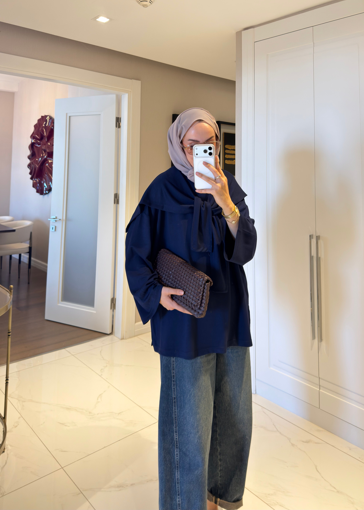 Şal Detaylı Tişört Lacivert