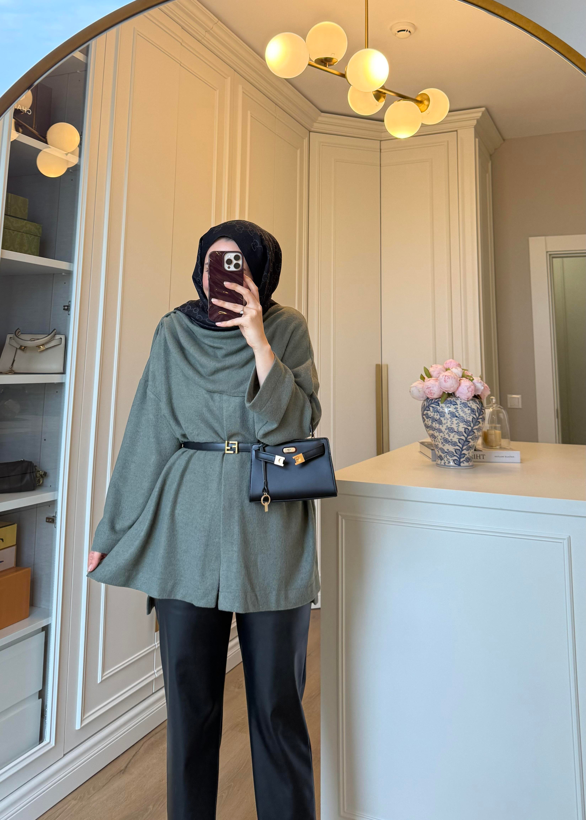 Şal Kapama Detaylı Hırka Haki