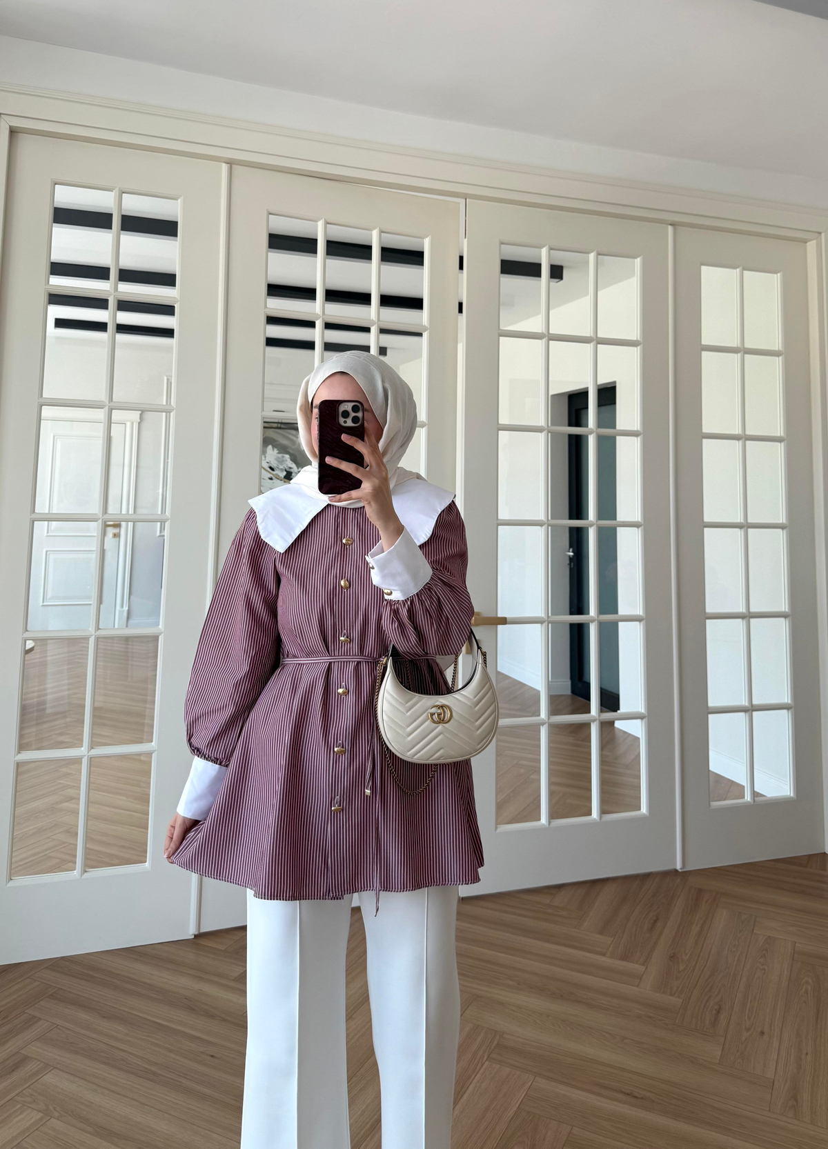 selena yaka detay çizgili gömlek Bordo