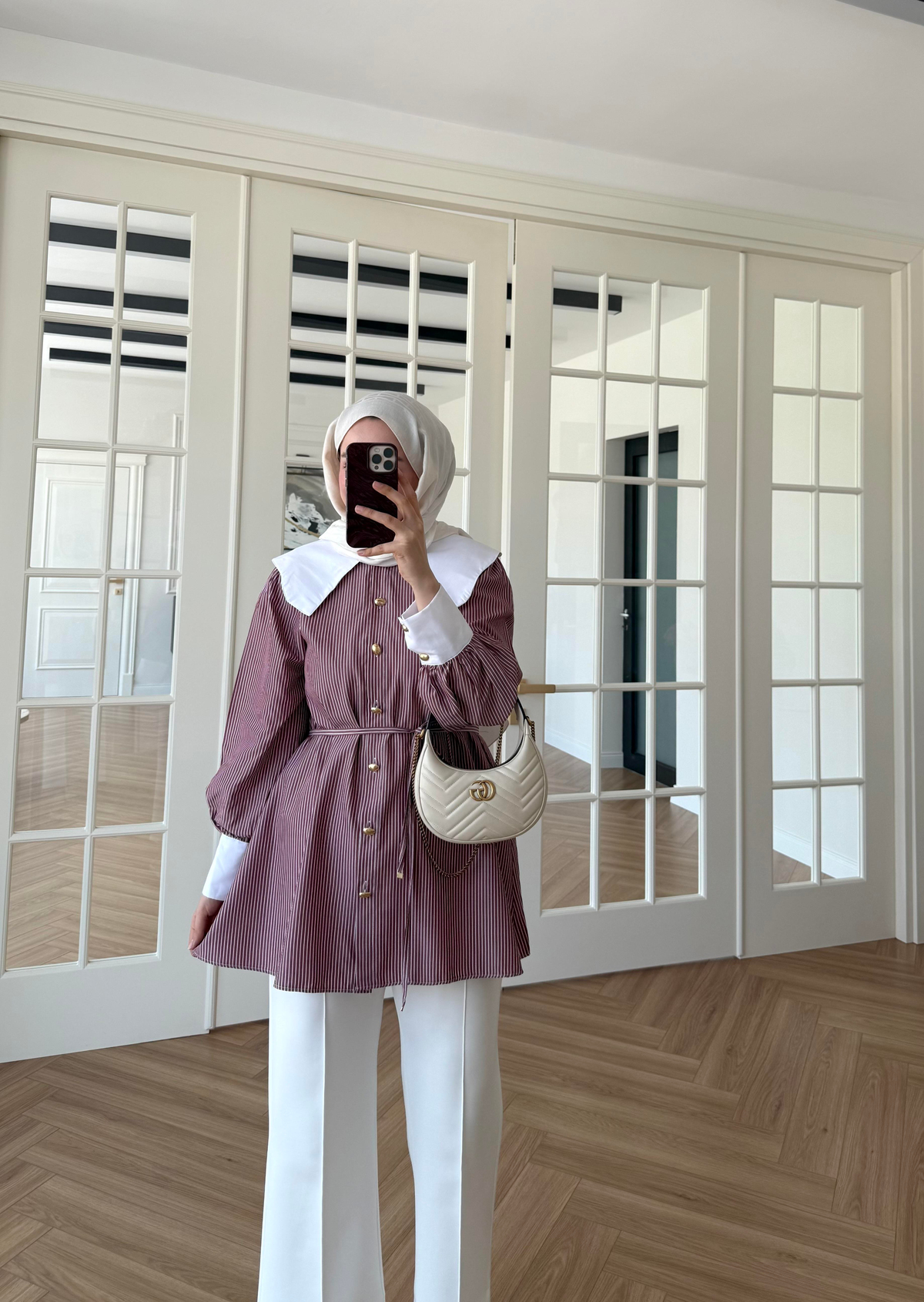 selena yaka detay çizgili gömlek Bordo