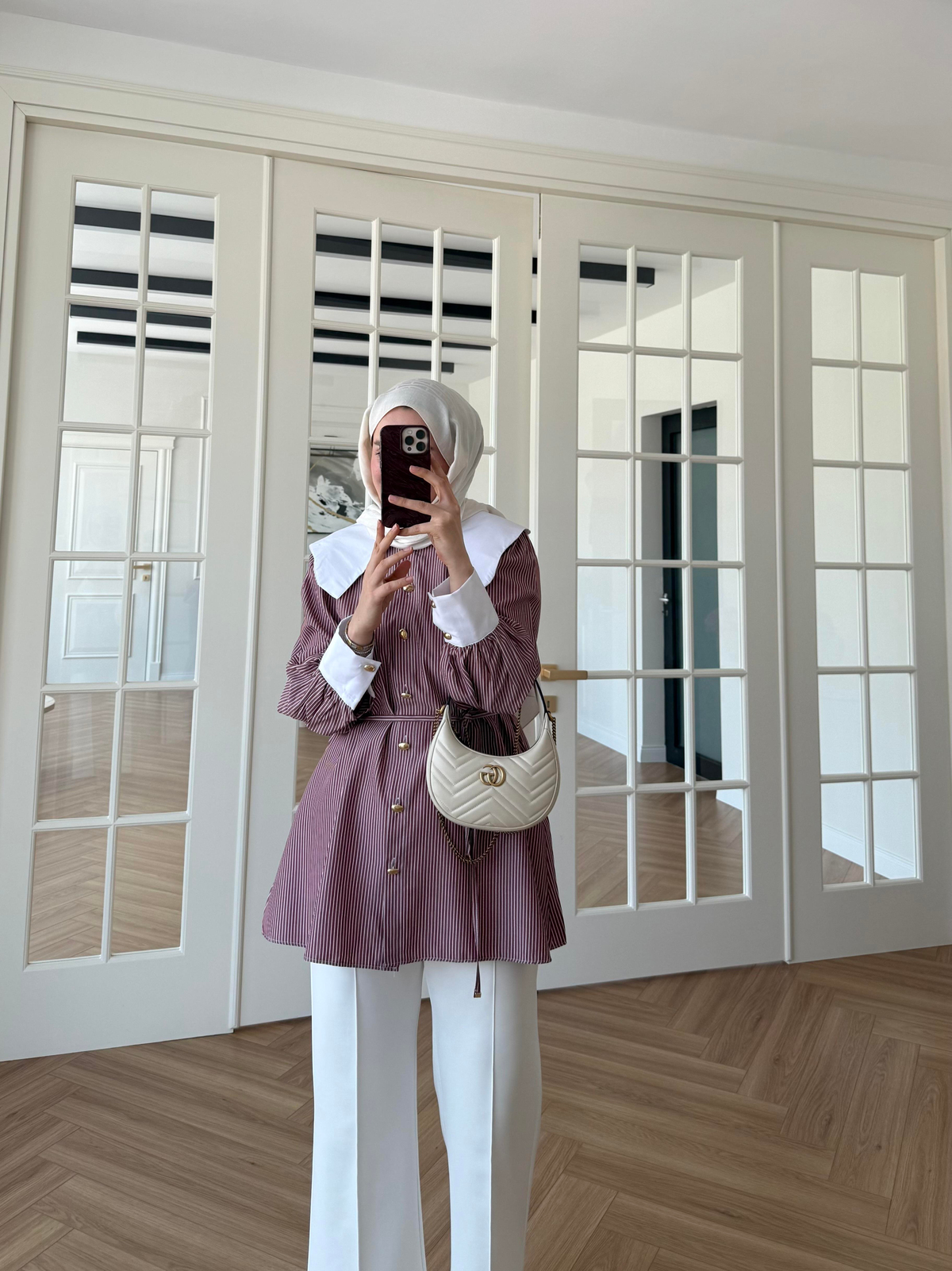 selena yaka detay çizgili gömlek Bordo