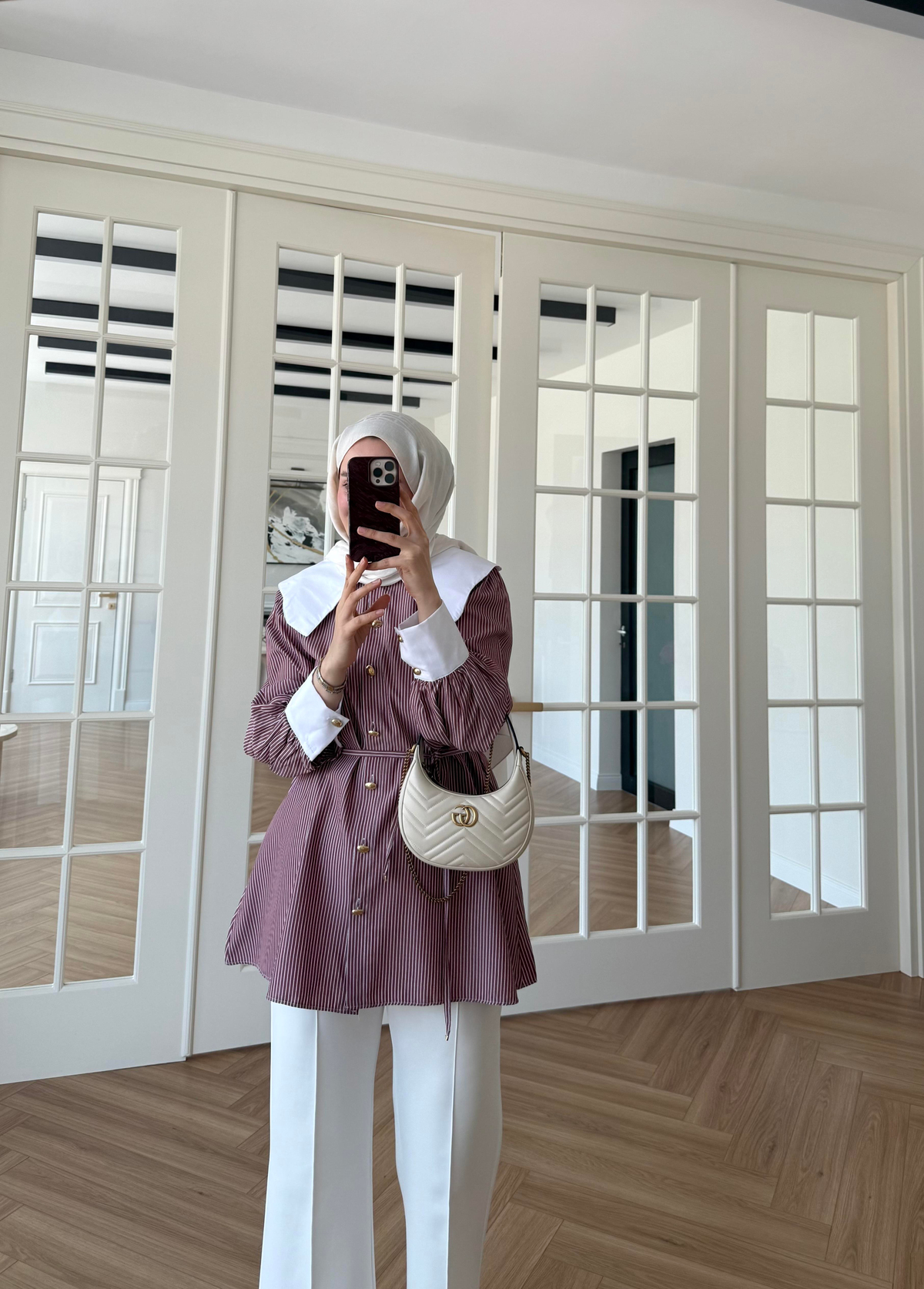 selena yaka detay çizgili gömlek Bordo