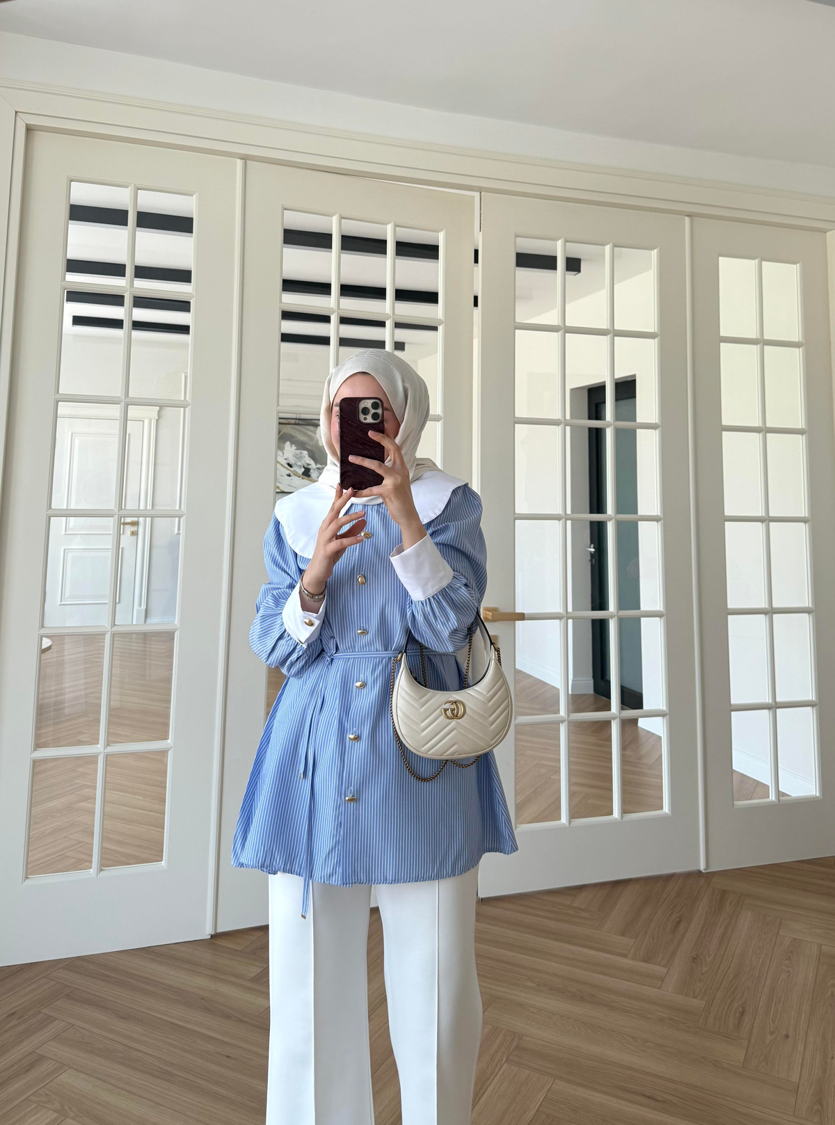selena yaka detay çizgili gömlek Mavi