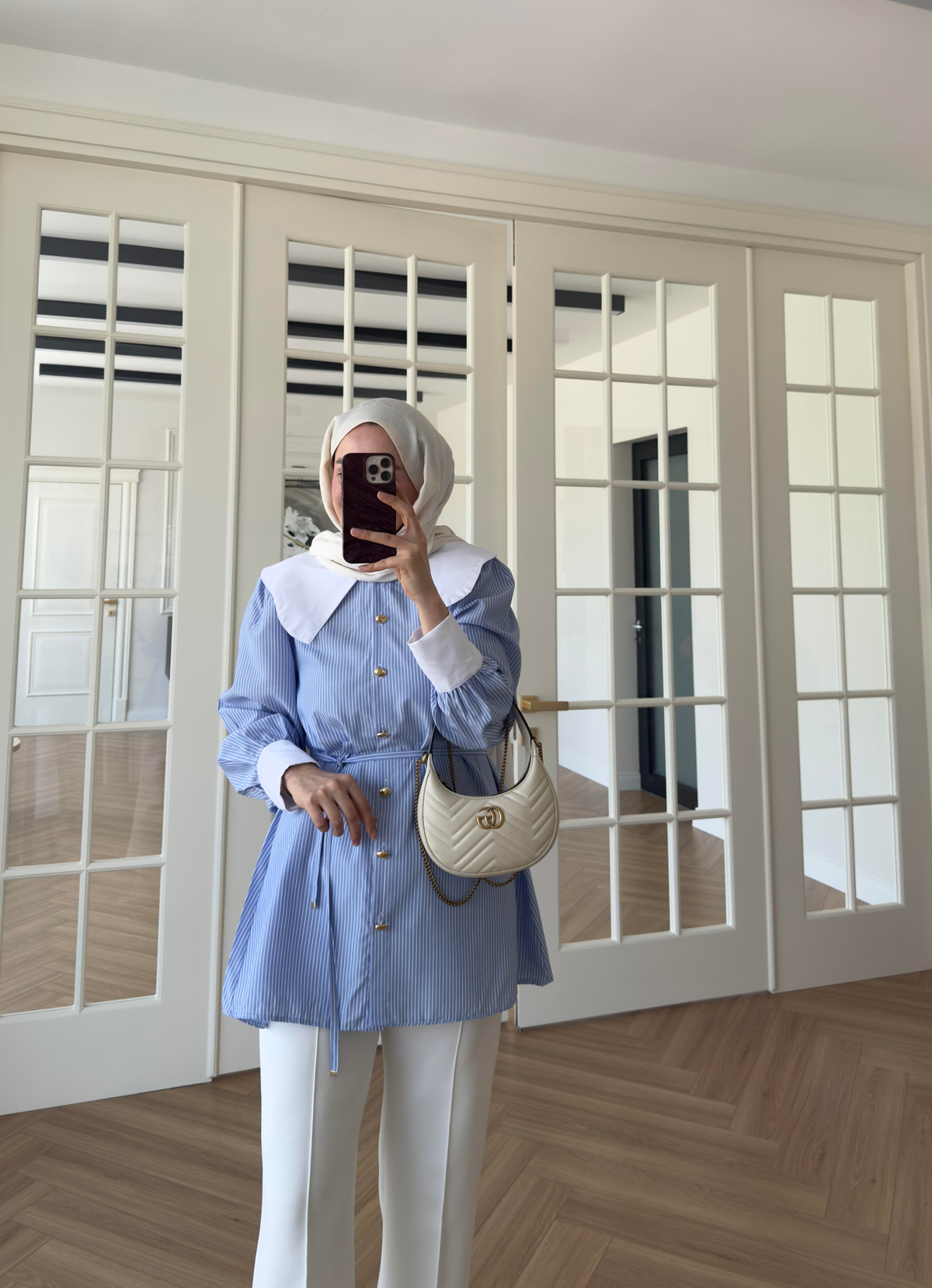 selena yaka detay çizgili gömlek Mavi
