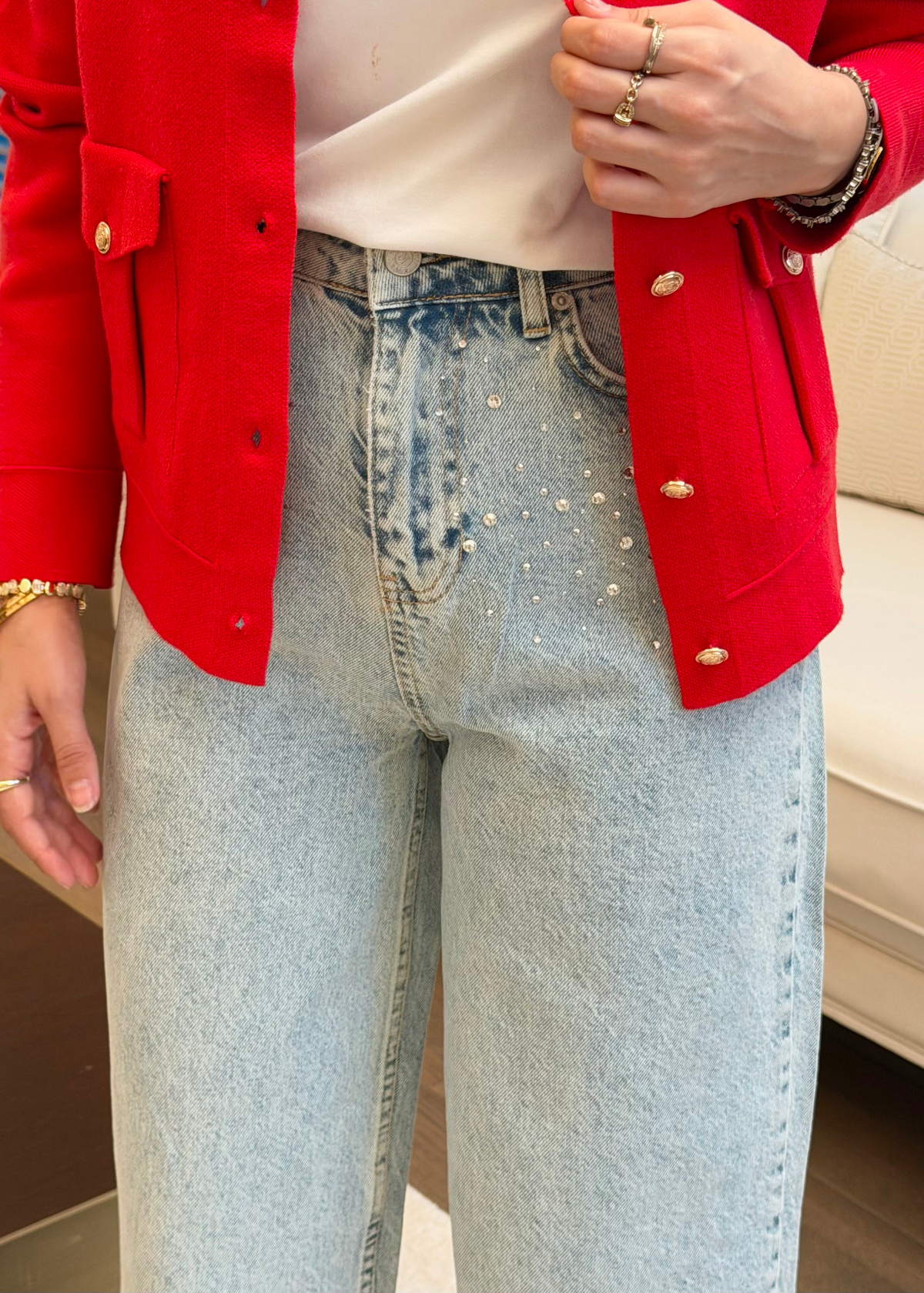 Taş Süslemeli Barrel Denim Pantolon