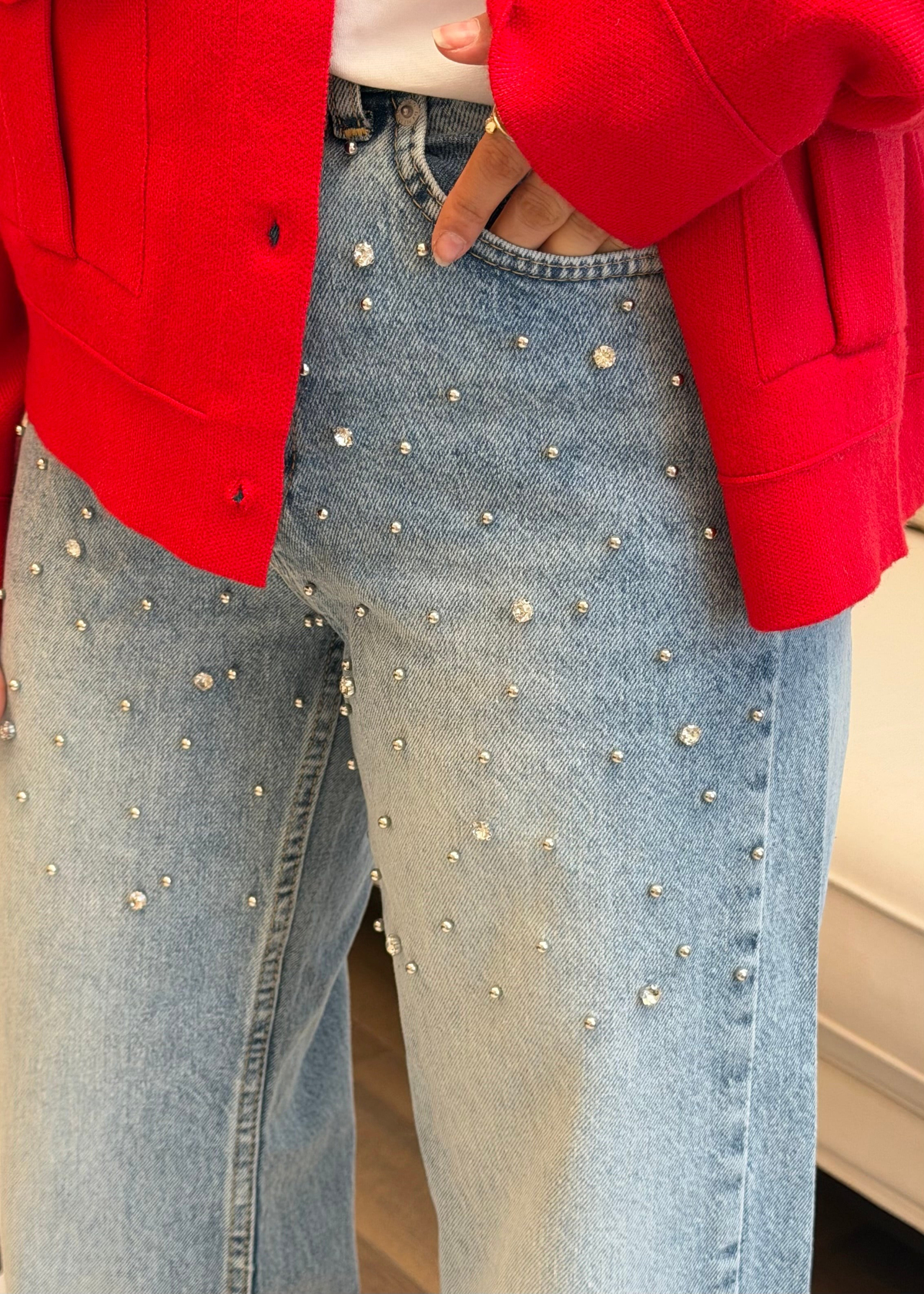 Taş ve Boncuk Detaylı Wide Leg Jean Pantolon