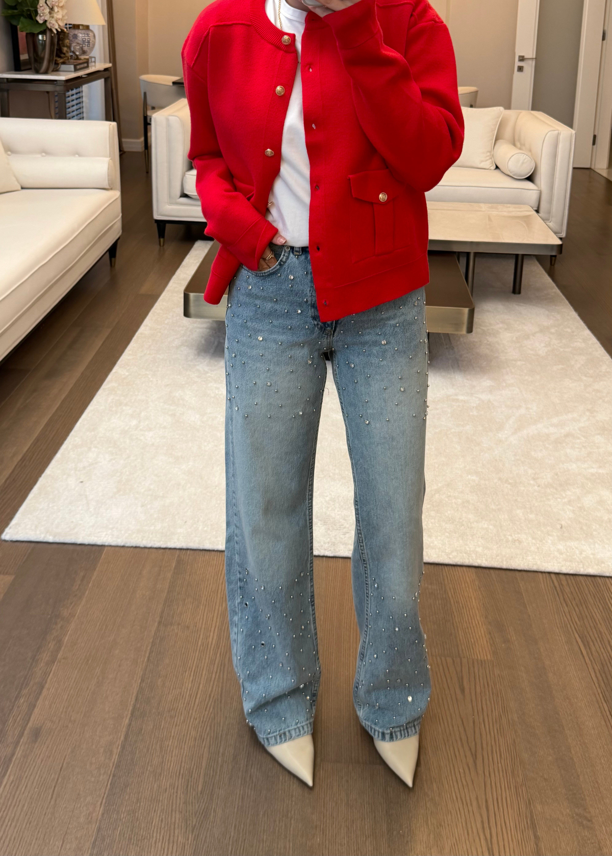 Taş ve Boncuk Detaylı Wide Leg Jean Pantolon