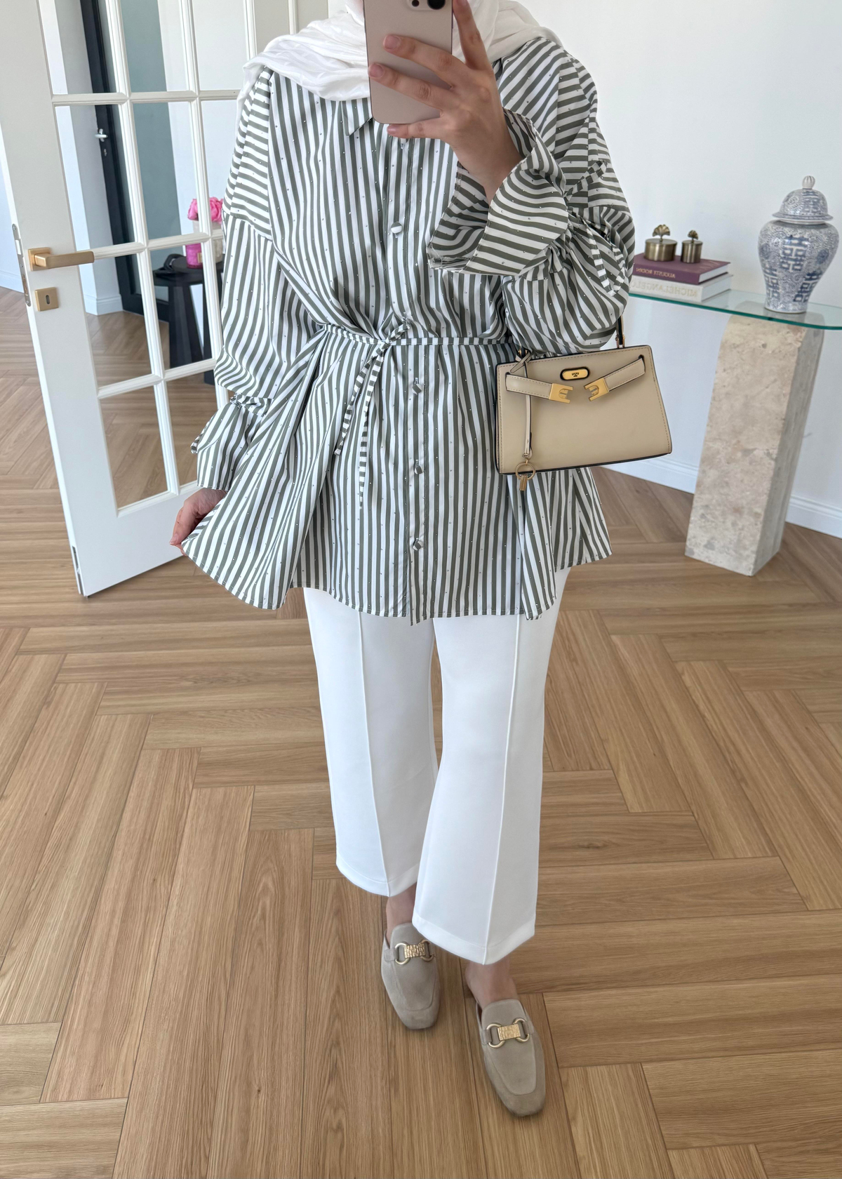 Taşlı Çizgili Poplin Gömlek 