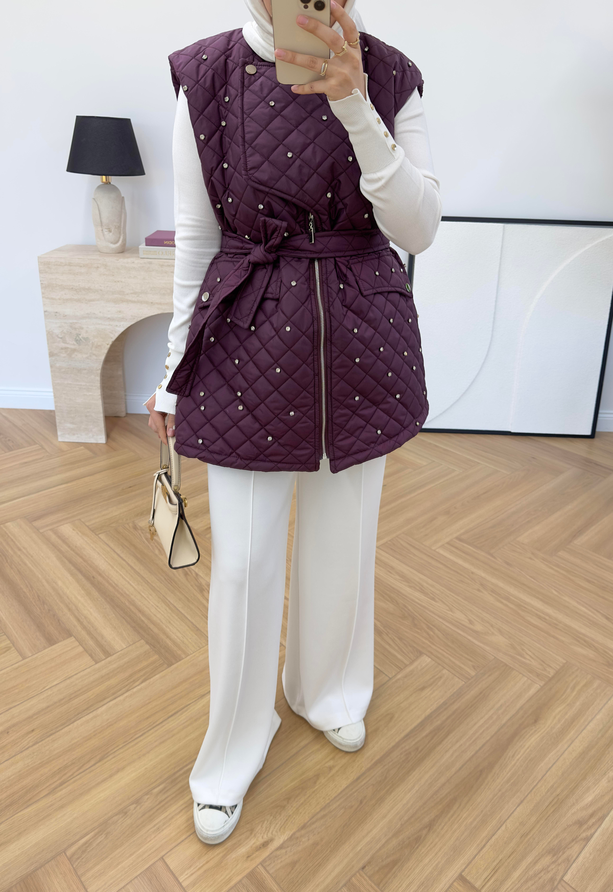 Taşlı Kapitone Yelek Bordo