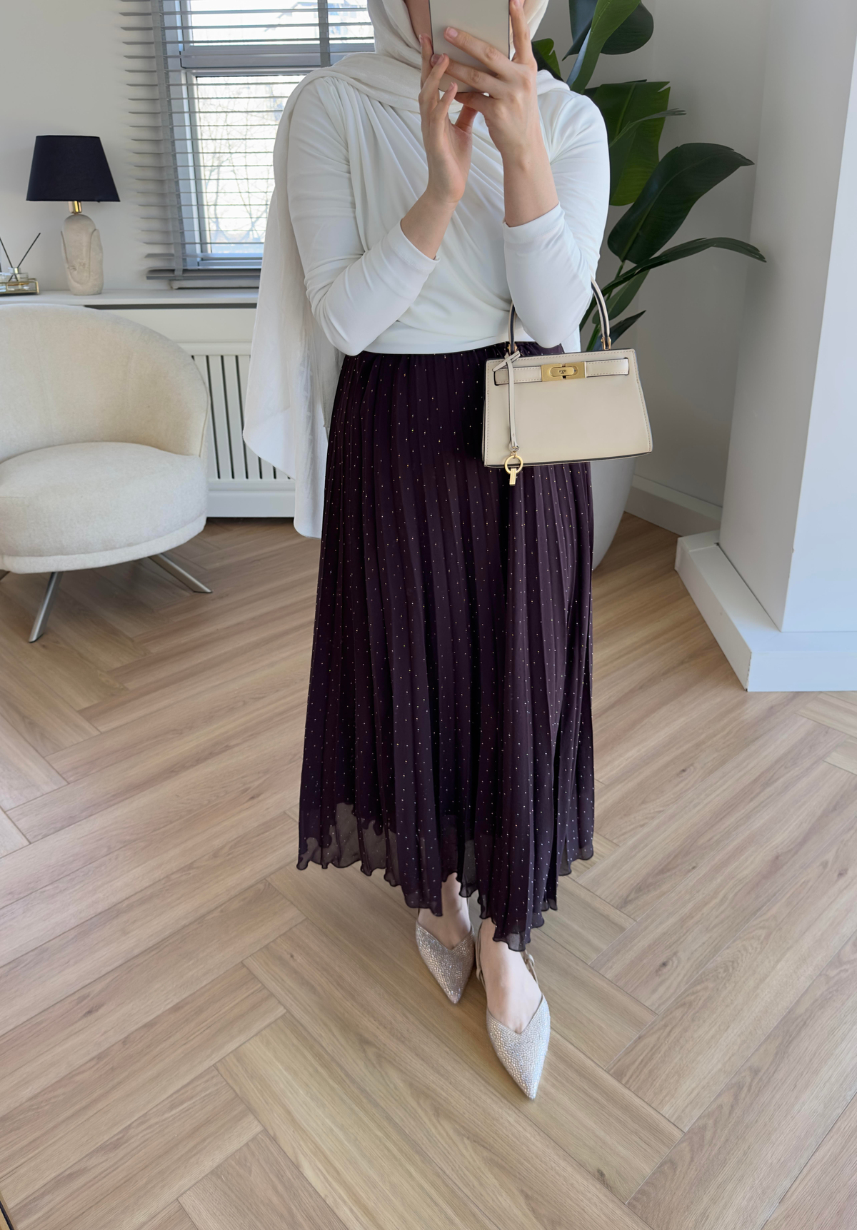 Taşlı Piliseli Etek Kahve