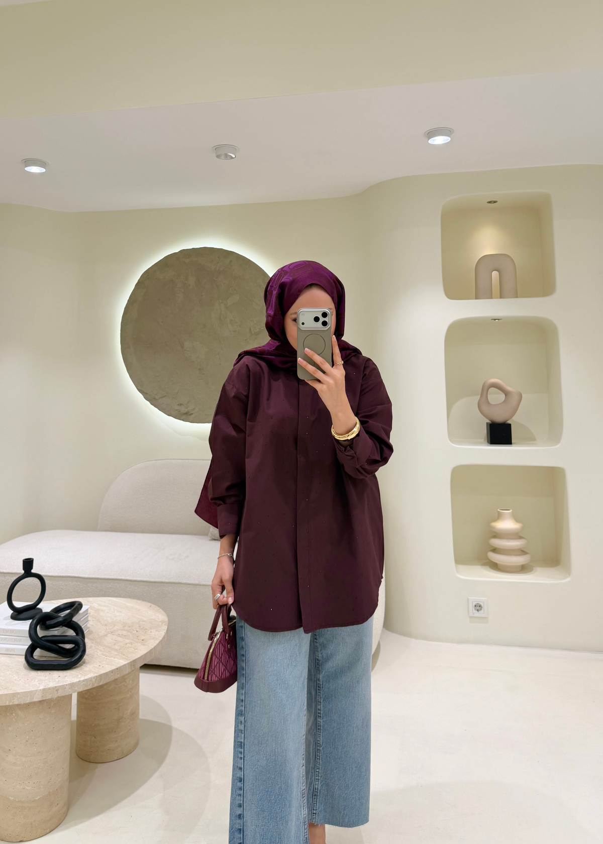Taşlı Poplin Gömlek Bordo